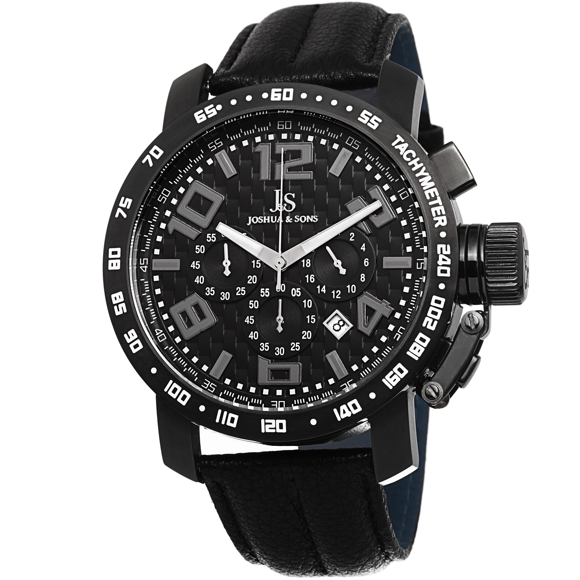 Joshua Sons Mens Chronograph Tachymeter Leather Black Strap Watch