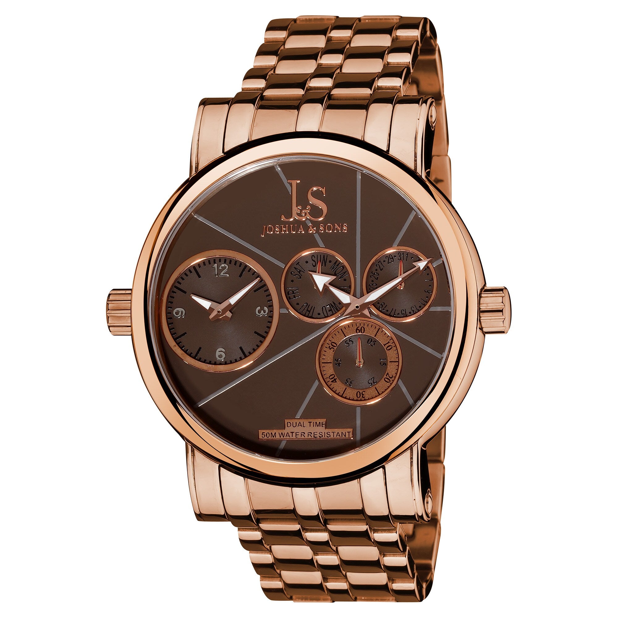 Joshua Sons Mens Dual Time Stainless Steel Rose Tone Watch