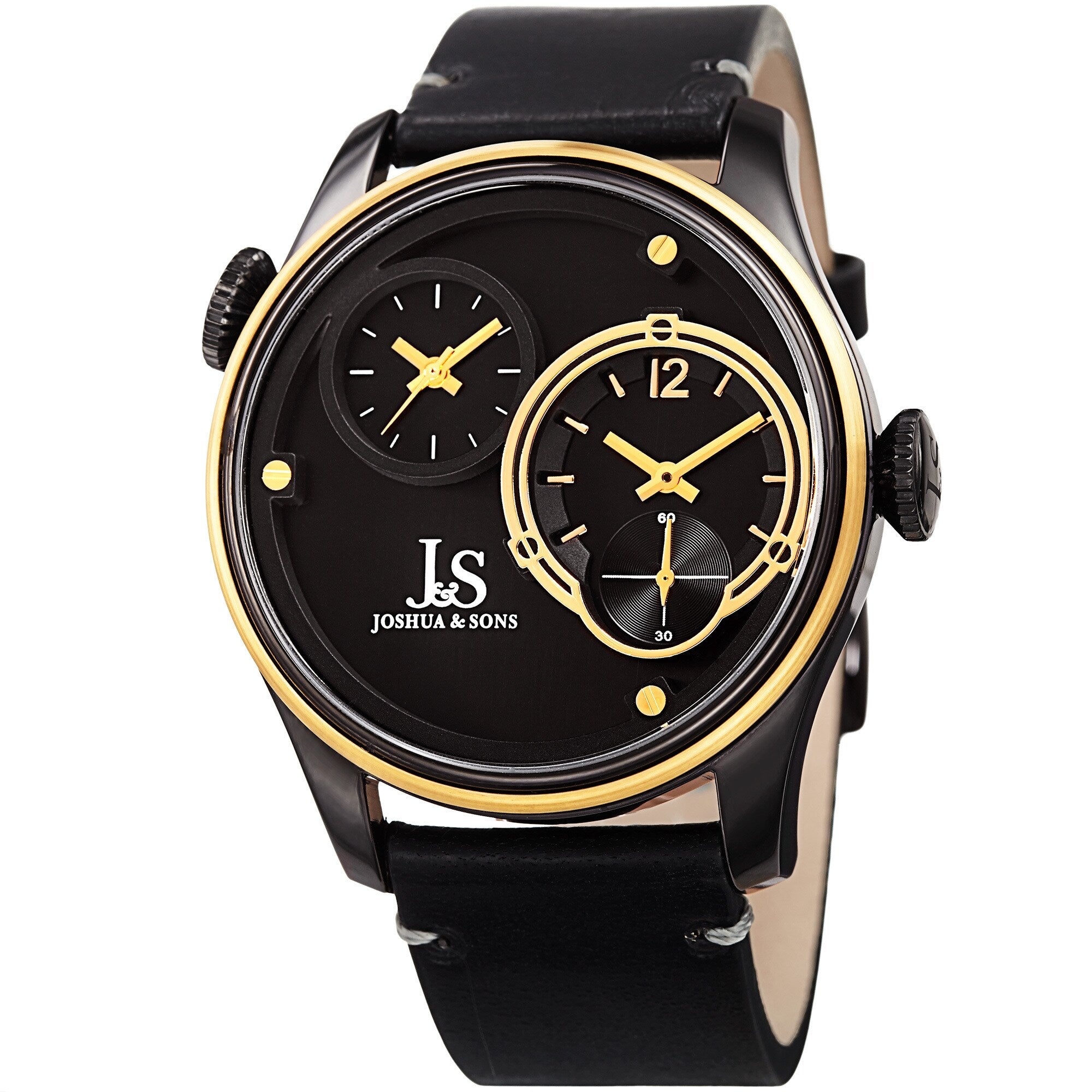 Joshua Sons Mens Quartz Dual Time Stainless Steel Gold Tone Leather Strap Watch