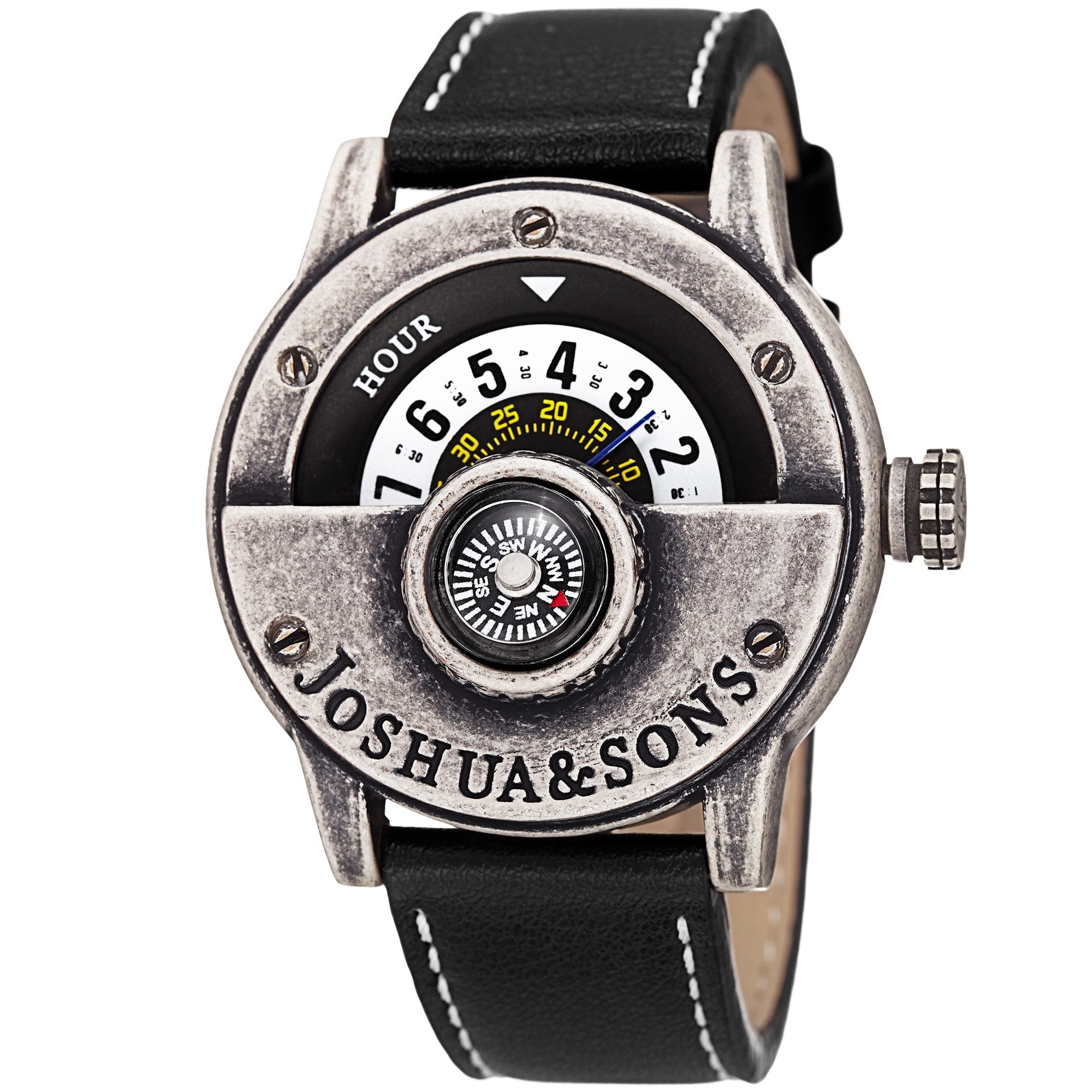 Joshua Sons Mens Quartz Rotating Wheel Leather Silver Tone Strap Watch Silver