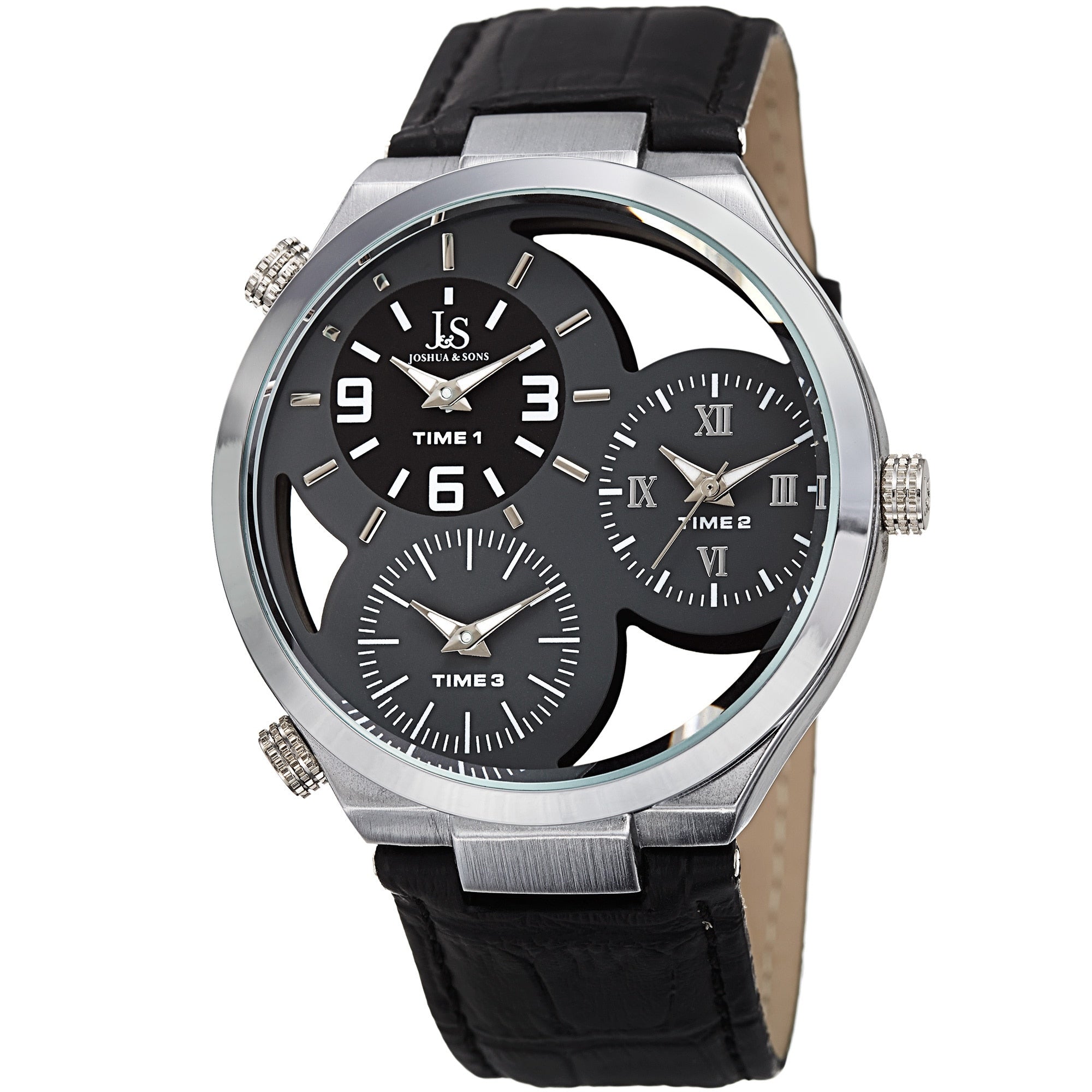Joshua Sons Mens Quartz Triple Time Zone Grey Leather Strap Watch