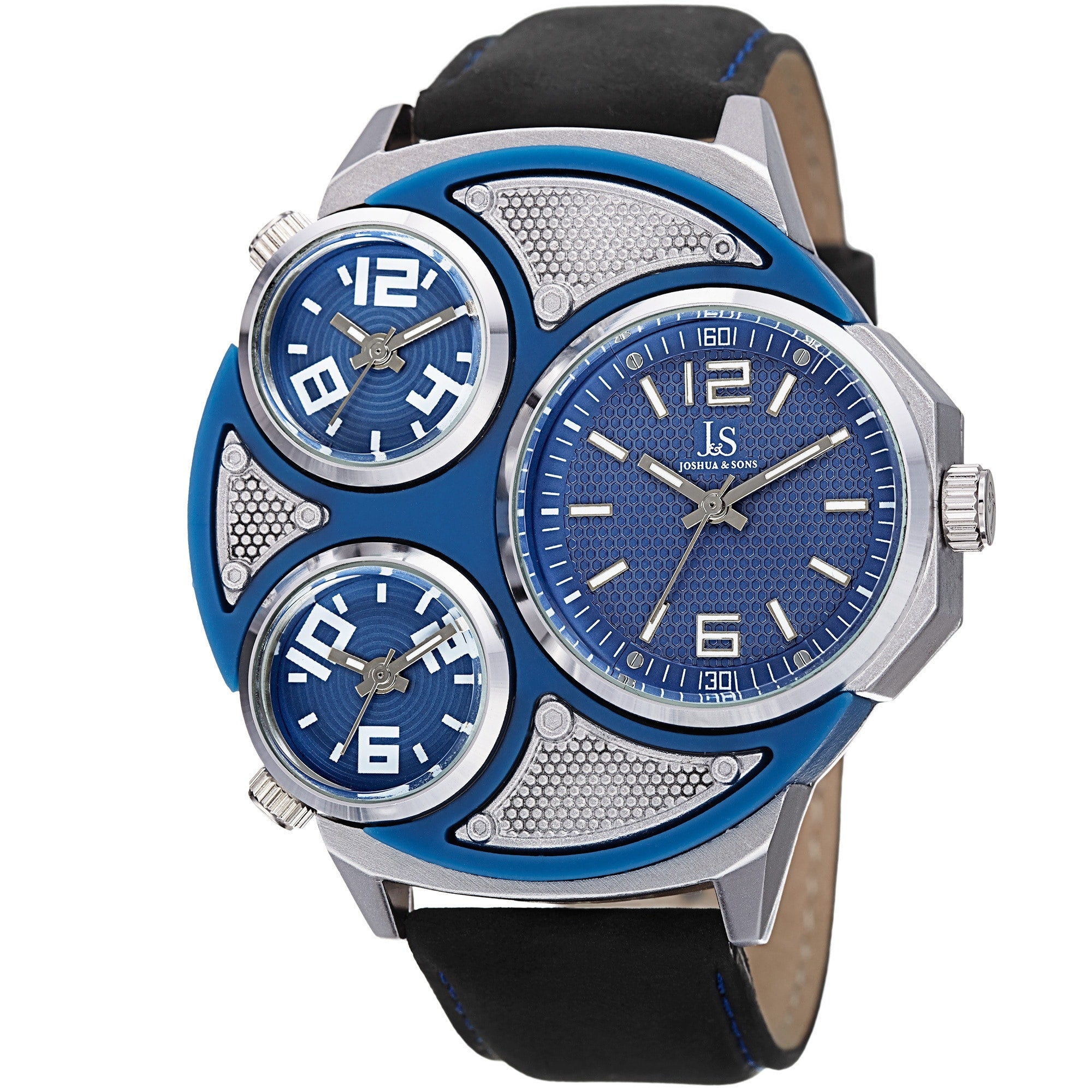 Joshua Sons Mens Quartz Triple Time Zone Leather Silver Tone Strap Watch Black