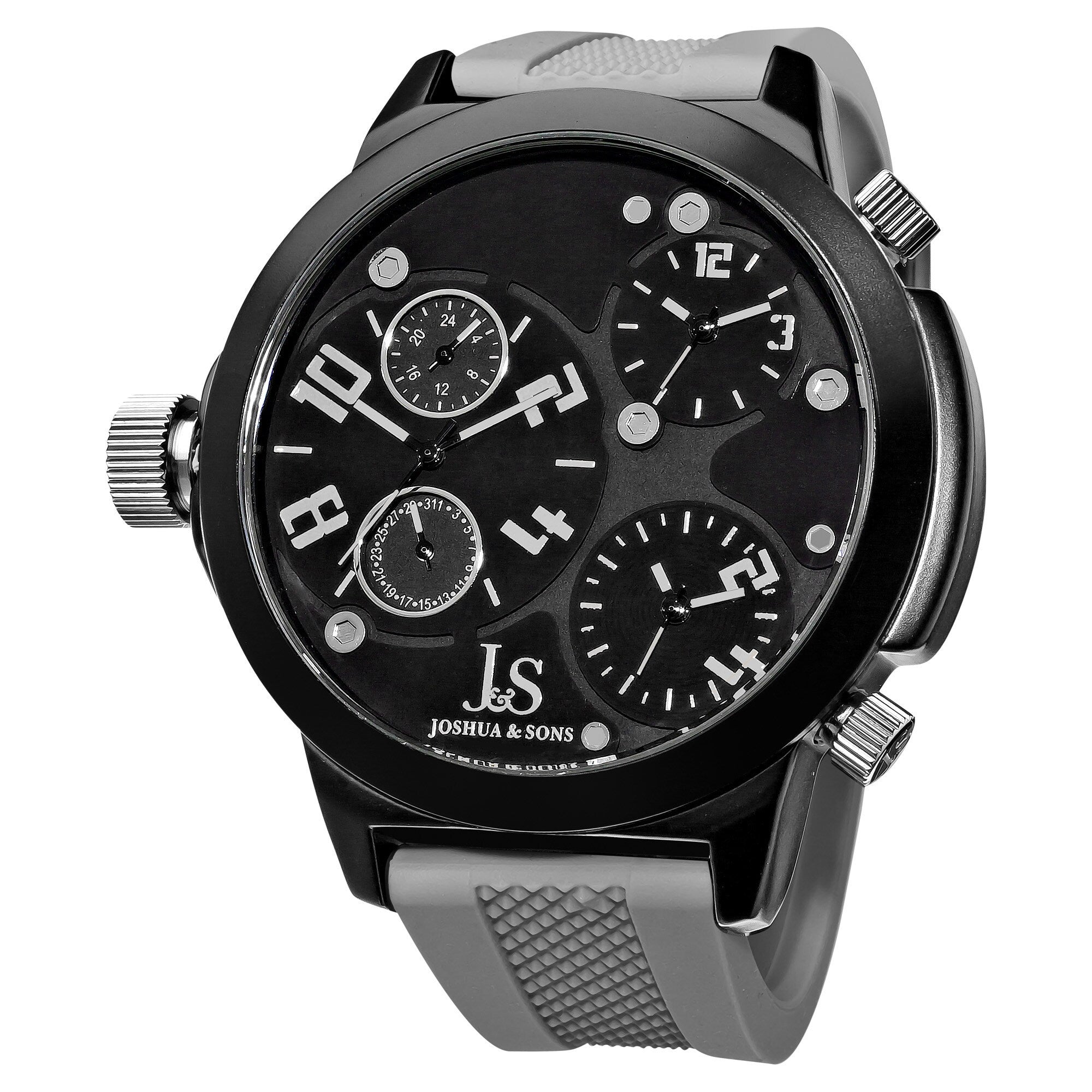 Joshua Sons Mens Quartz Triple Time Zone Rubber Grey Strap Watch
