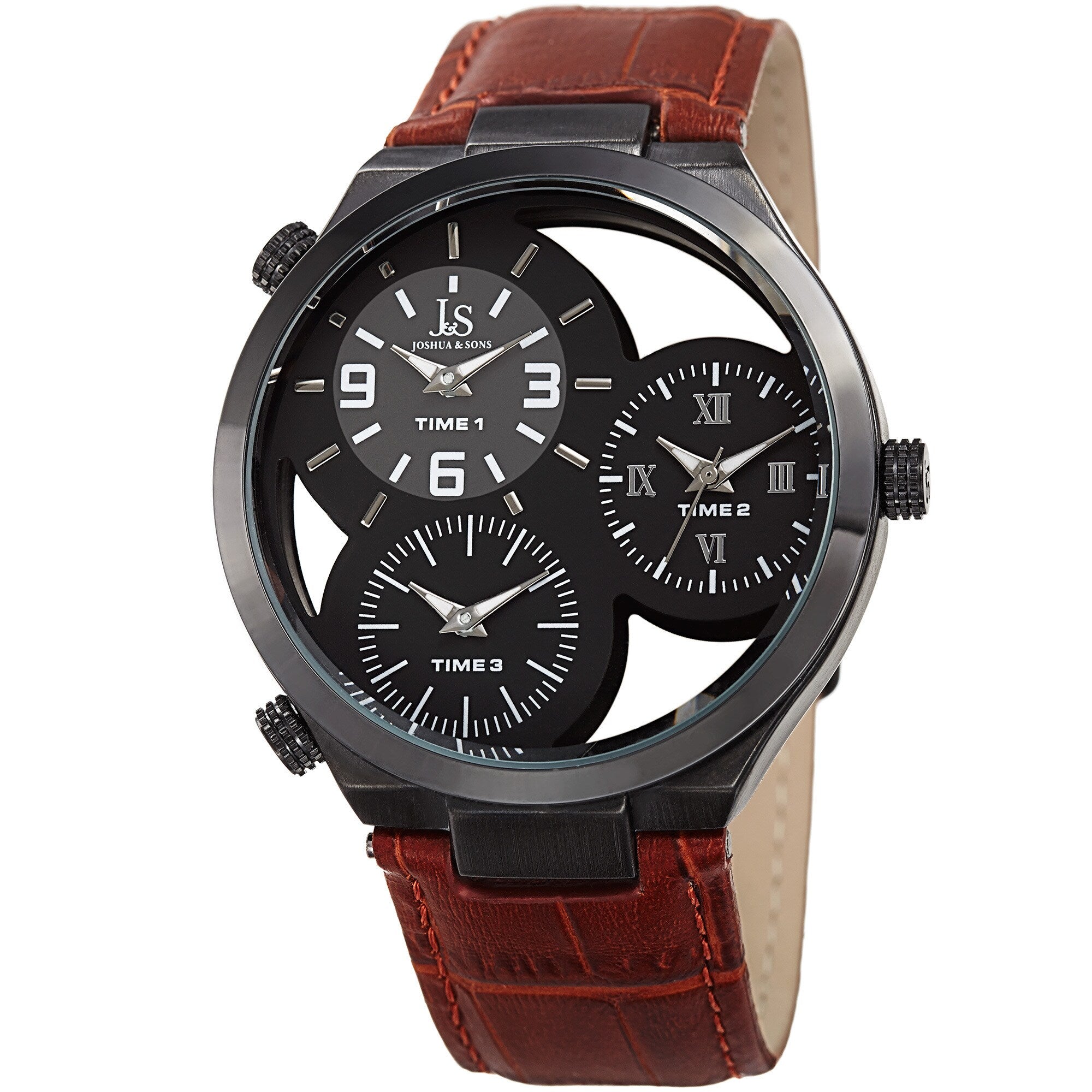 Joshua Sons Mens Quartz Triple Time Zone Tan Leather Strap Watch