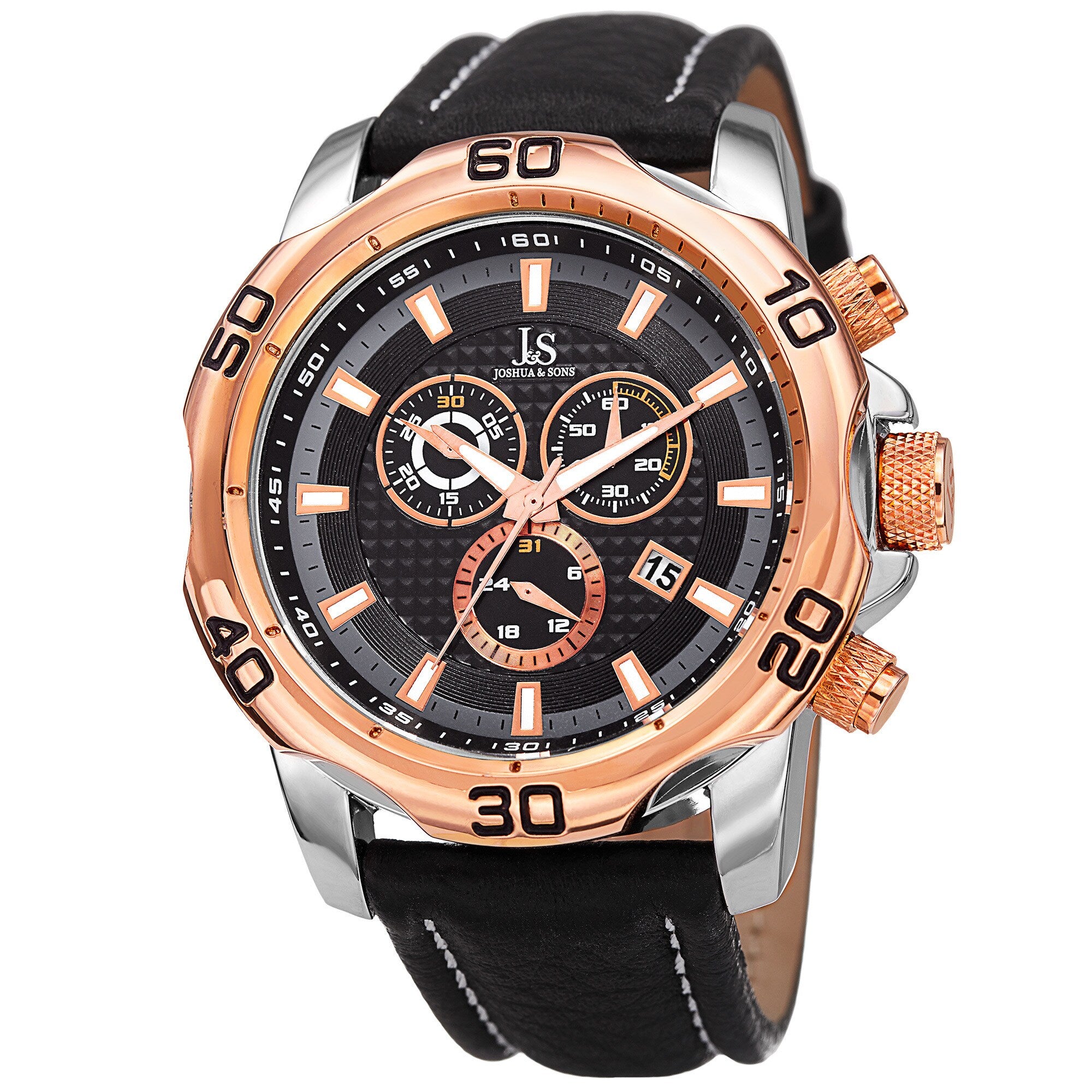 Joshua Sons Mens Swiss Quartz Chronograph Multifunction Leather Rose Tone Strap Watch Gold