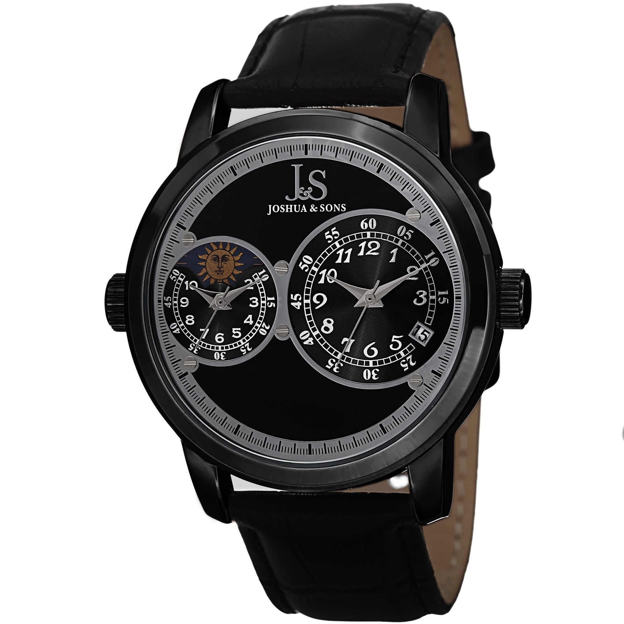 Joshua Sons Mens Swiss Quartz Dual Time Zone Leather Black Strap Watch