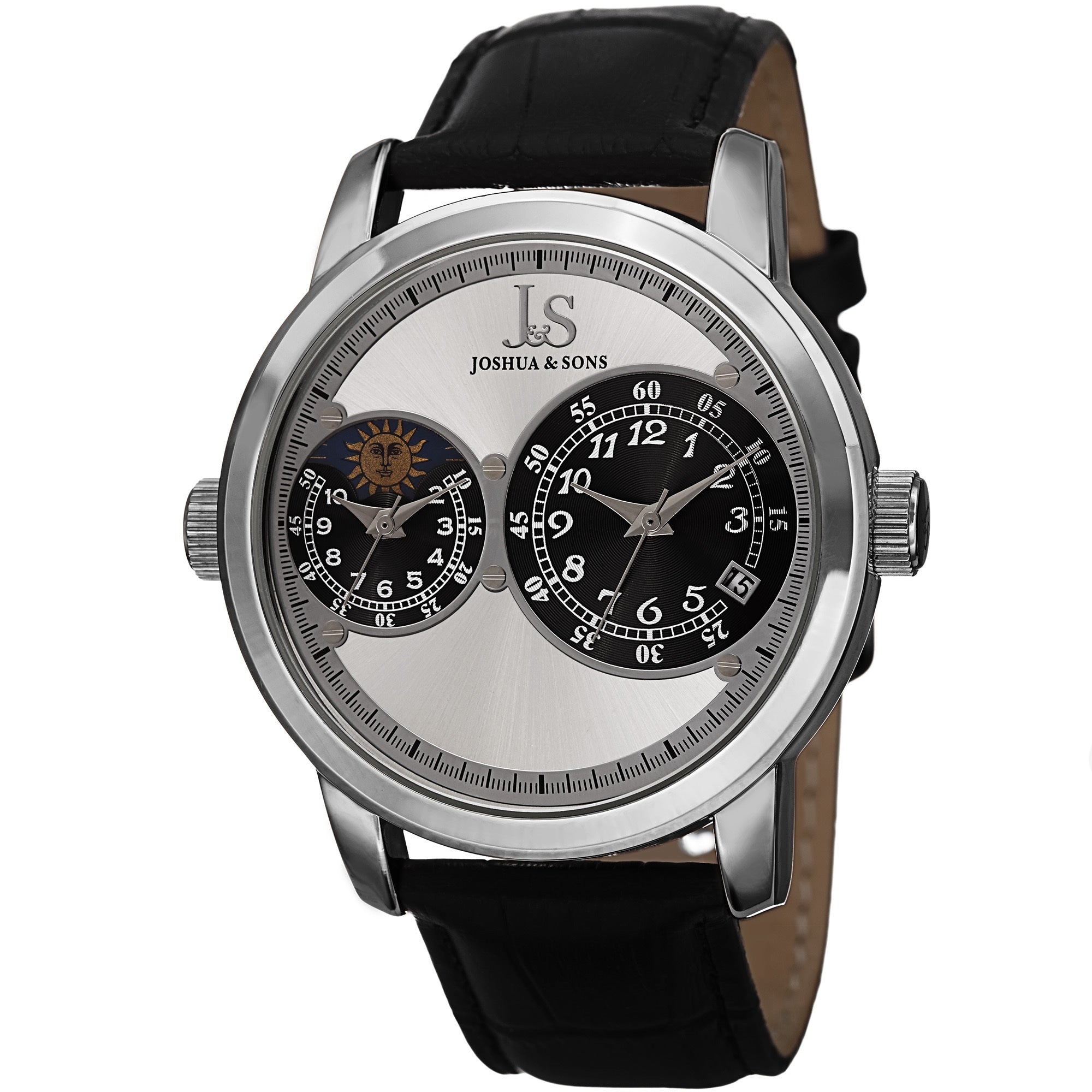 Joshua Sons Mens Swiss Quartz Dual Time Zone Leather Silver Tone Strap Watch