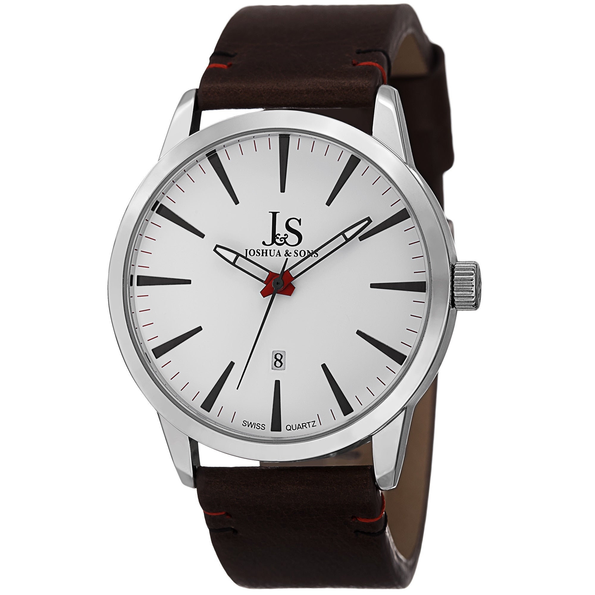 Joshua Sons Mens Swiss Quartz Glossy Dial Contrast Stitching Leather Silver Tone Strap Watch
