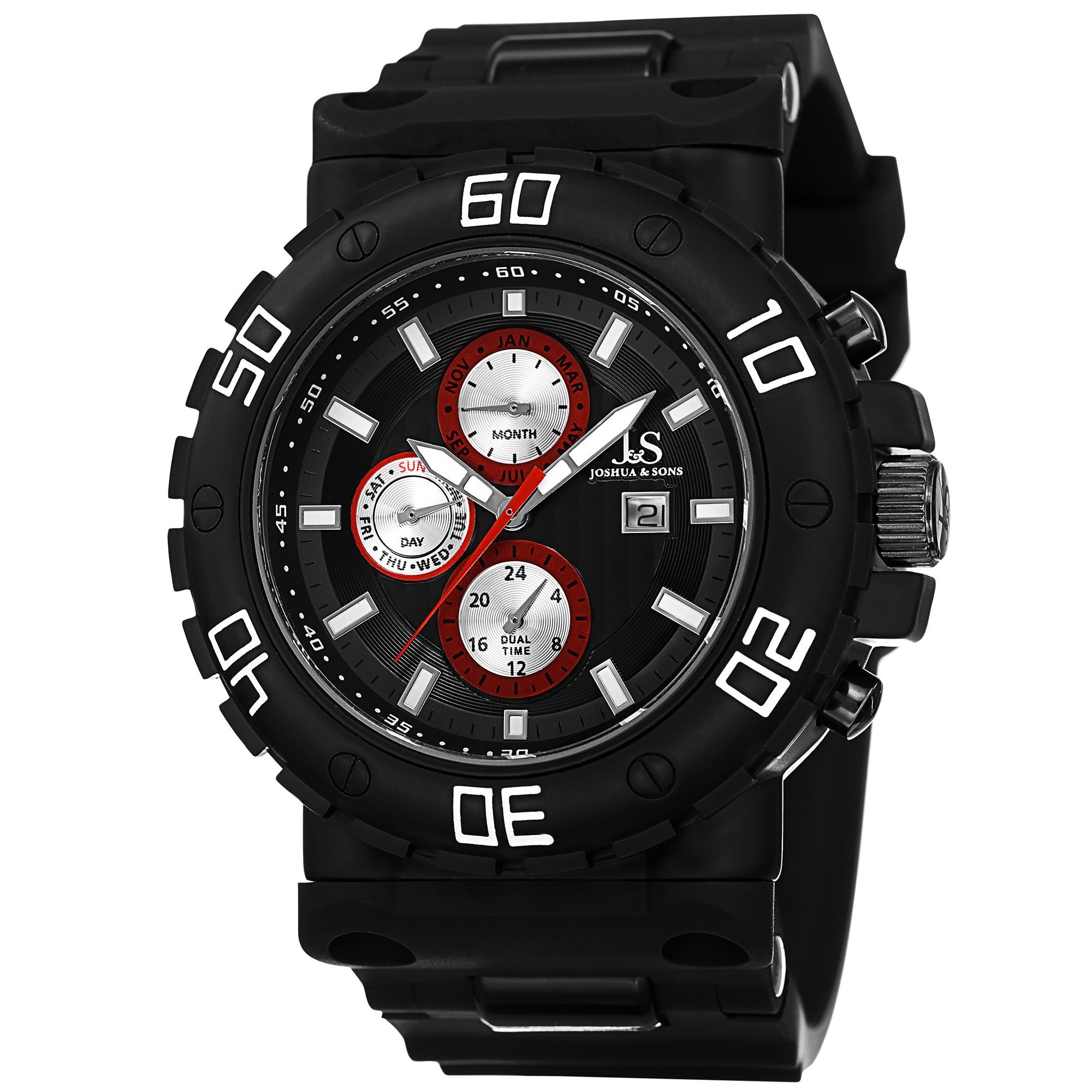 Joshua Sons Mens Swiss Quartz Multifunction Dual Time Black Strap Watch
