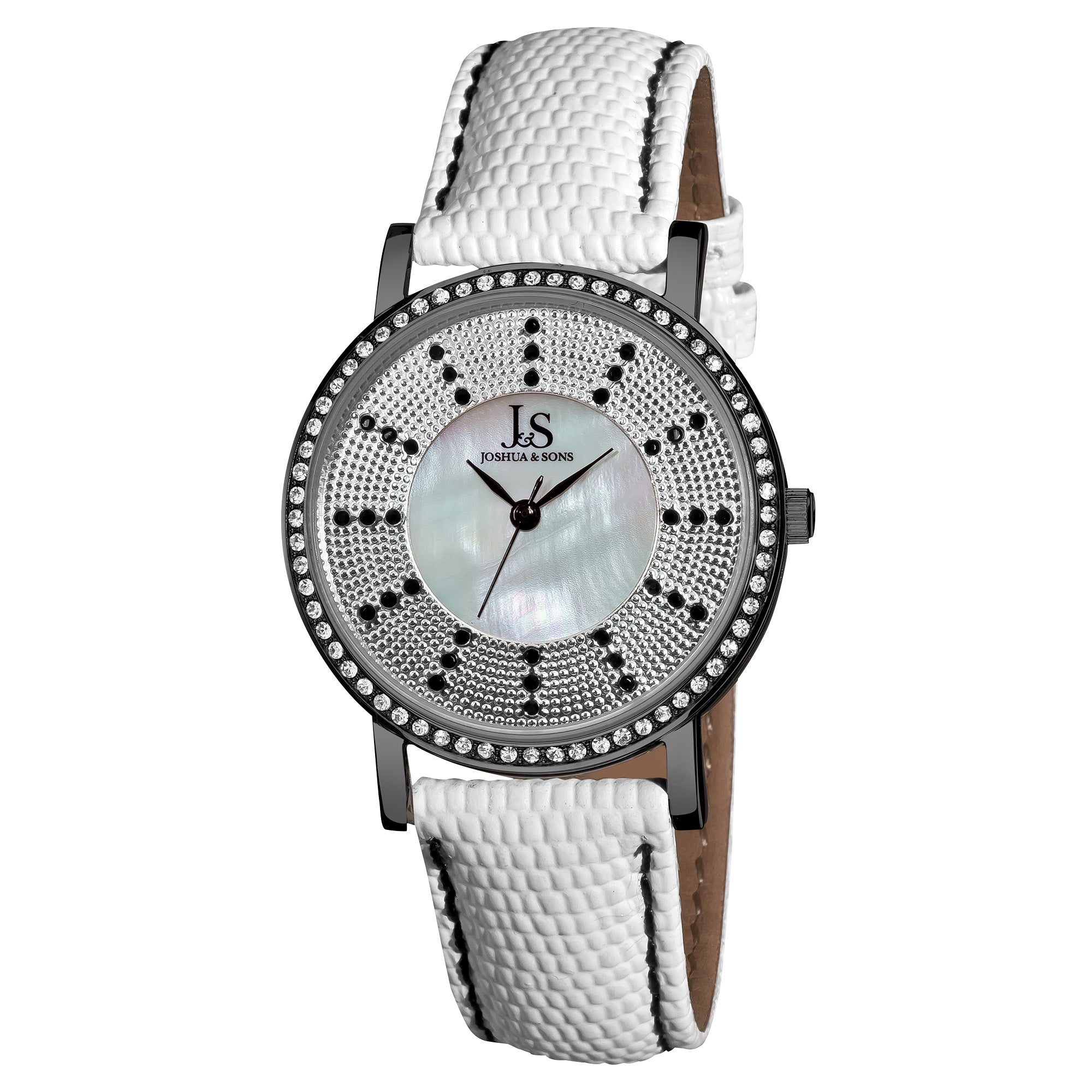 Joshua Sons Womens Swiss Quartz Stainless Steel Leather Black Strap Crystal Watch White