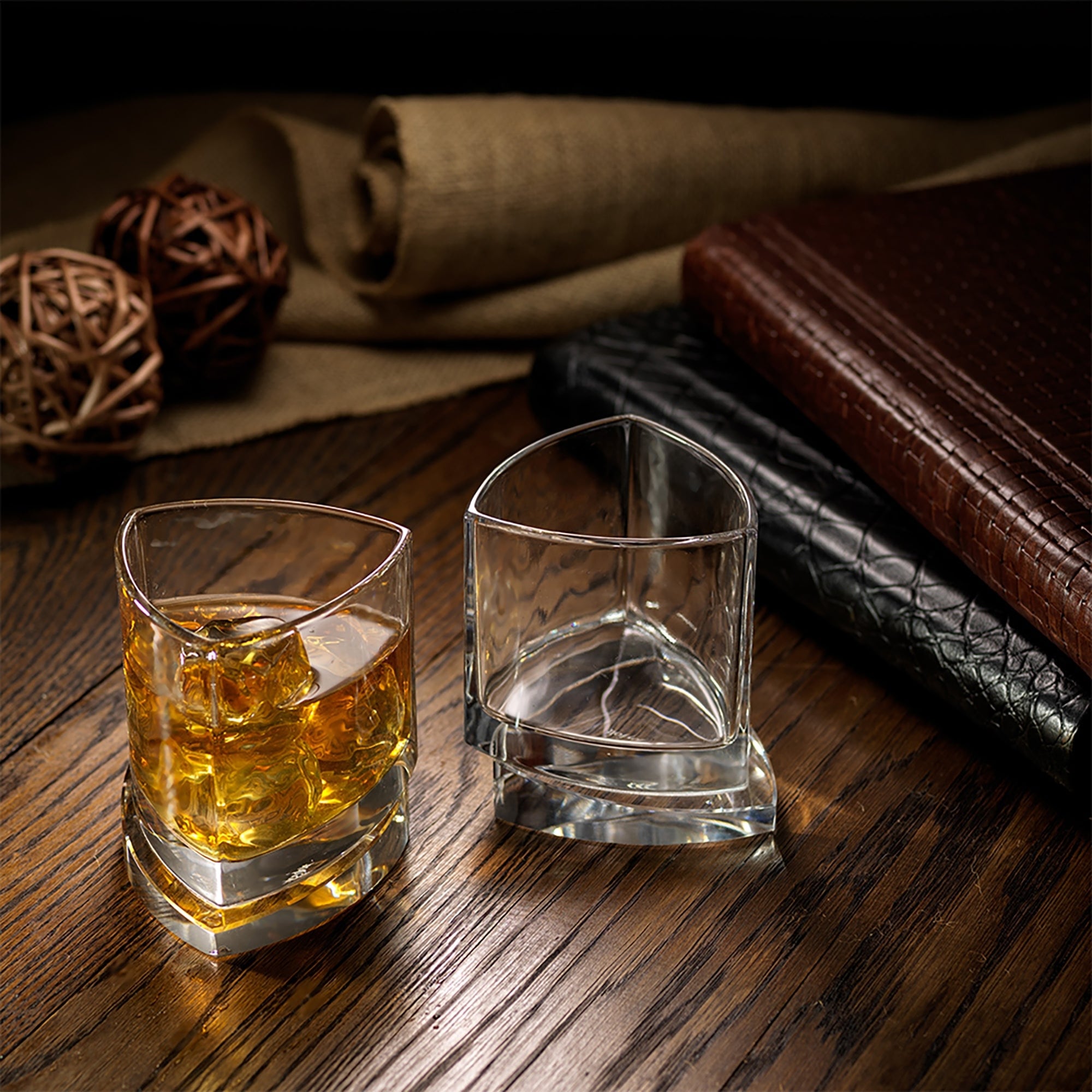 Joyjolt Triangle Aqua Vitae 9.9 Oz Crystal Whiskey Glass Set Of Two Off Base Old Fashioned Glasses