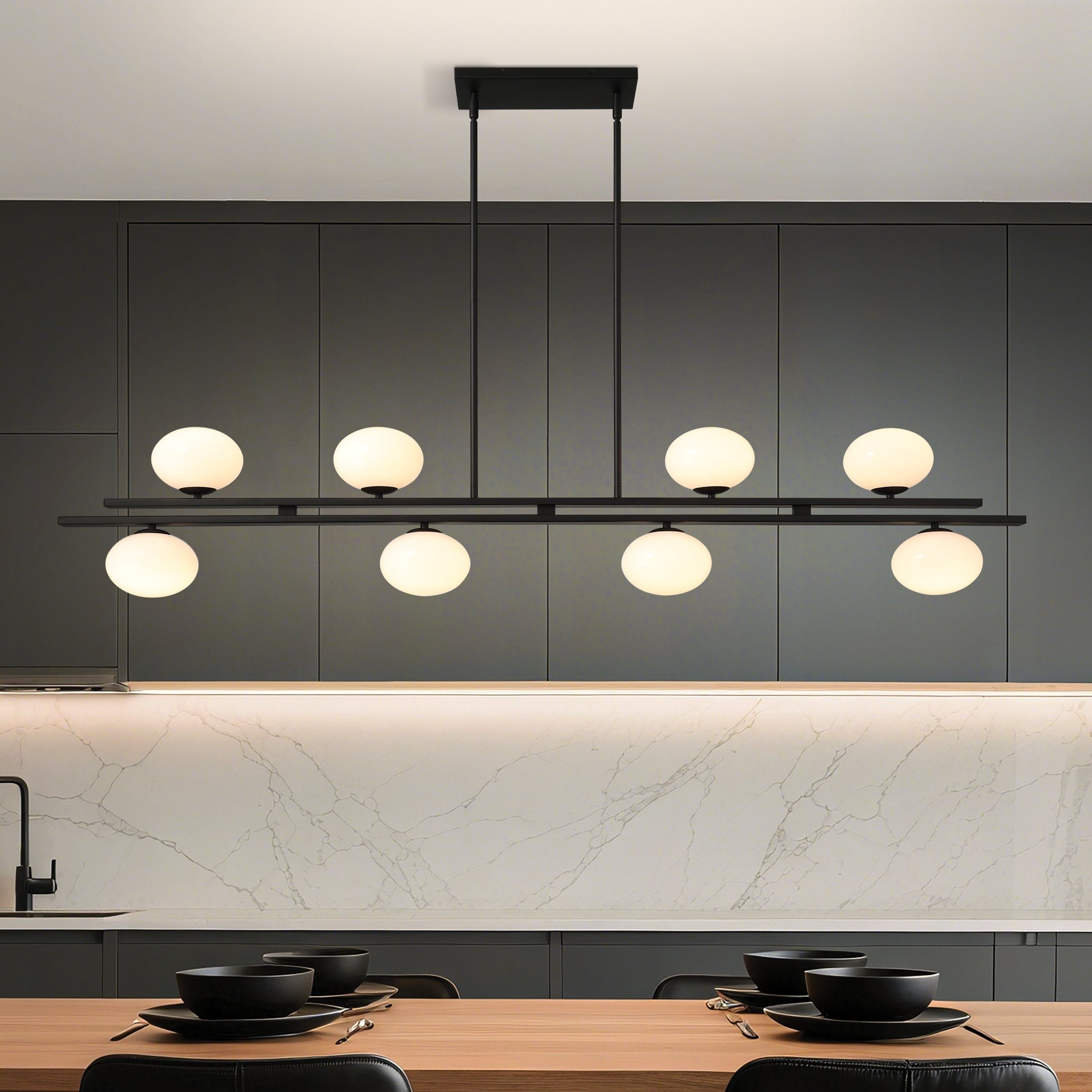 Julep 64 Inch 8 Light Matte Black Linear Chandelier With Opal Glass Shades L 64 X W 6 X H 11.25 X M H 63.75