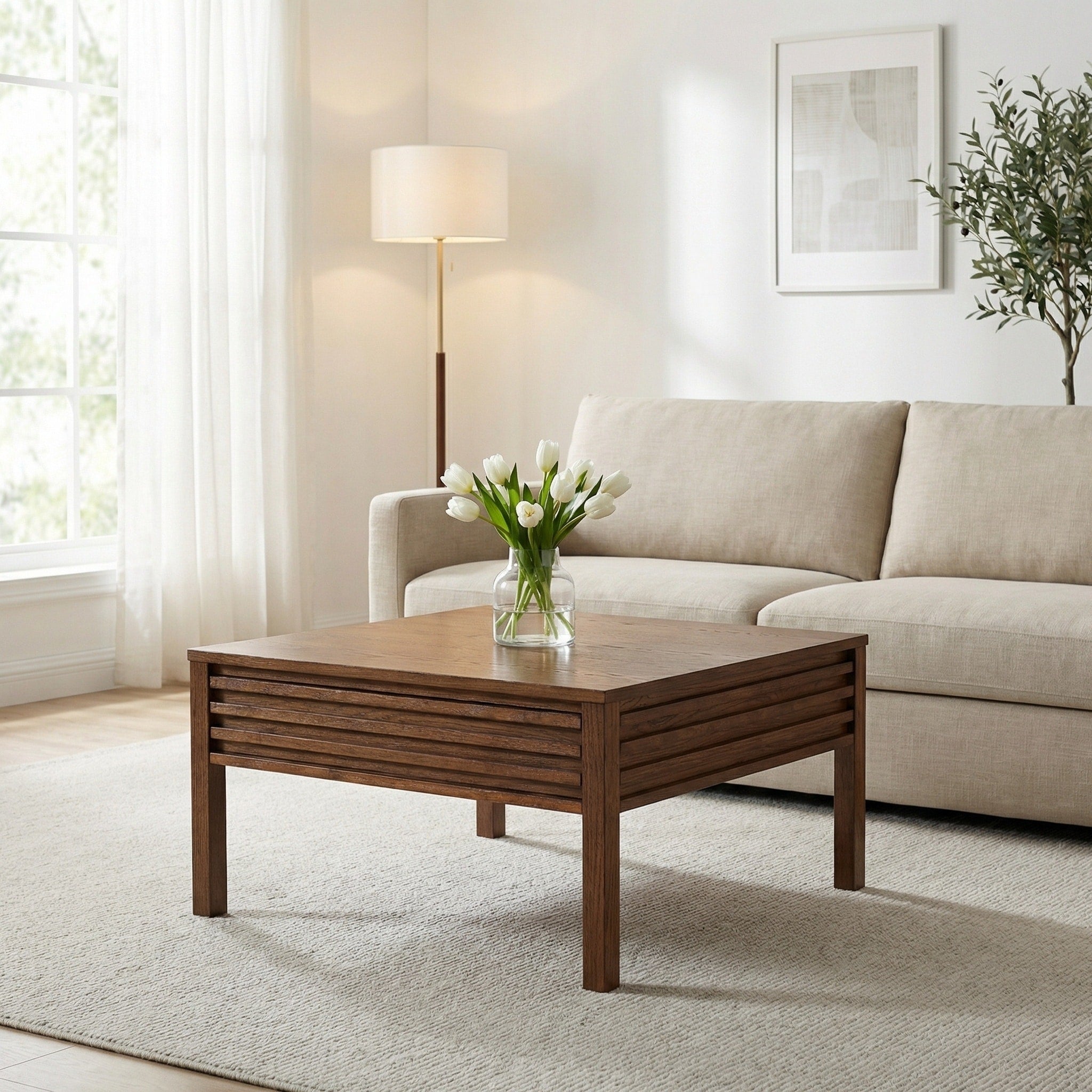 Julian Mid Century Square Wood Coffee Table With Storage Drawers