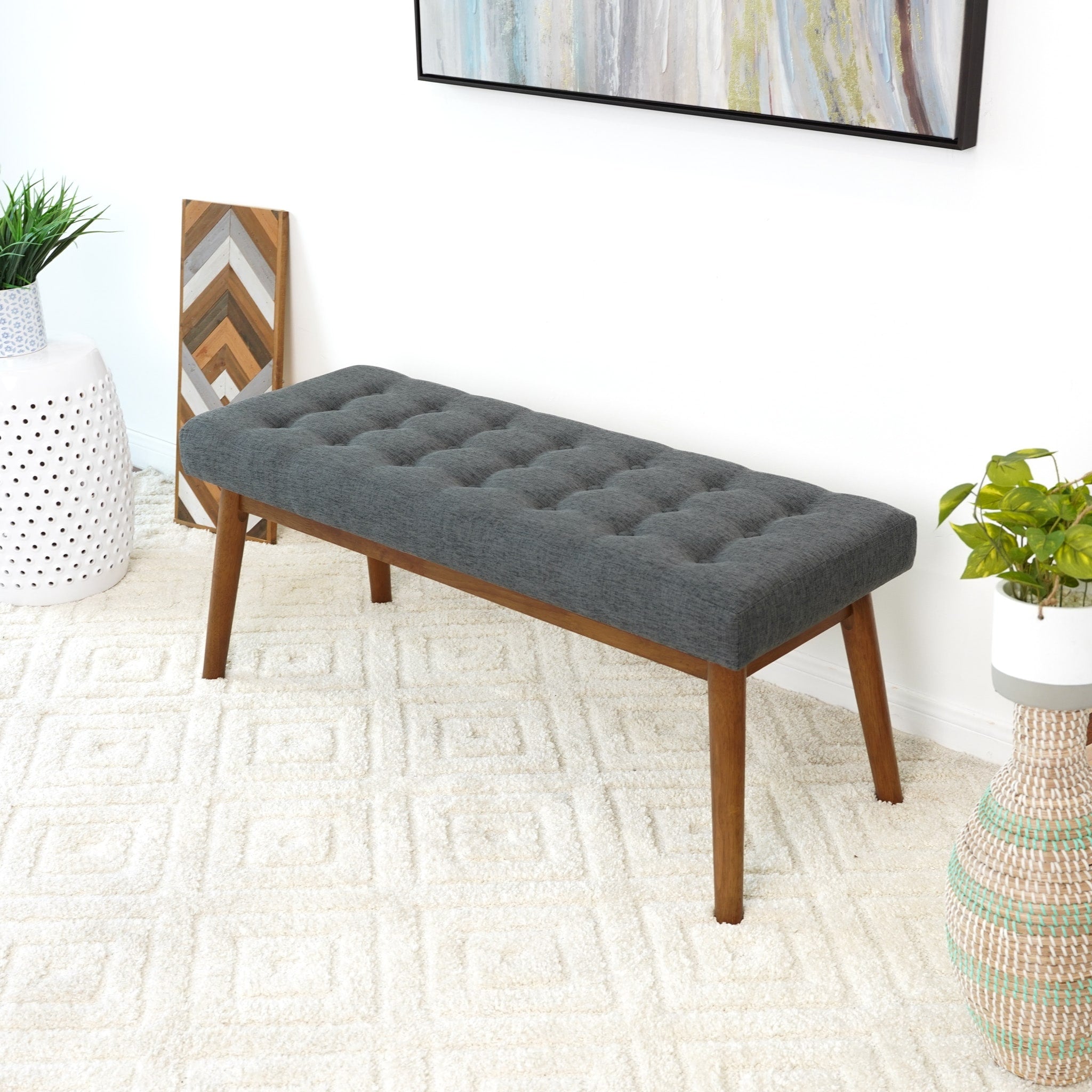 Mid Century Modern Rexton Gray Fabric Bench N A