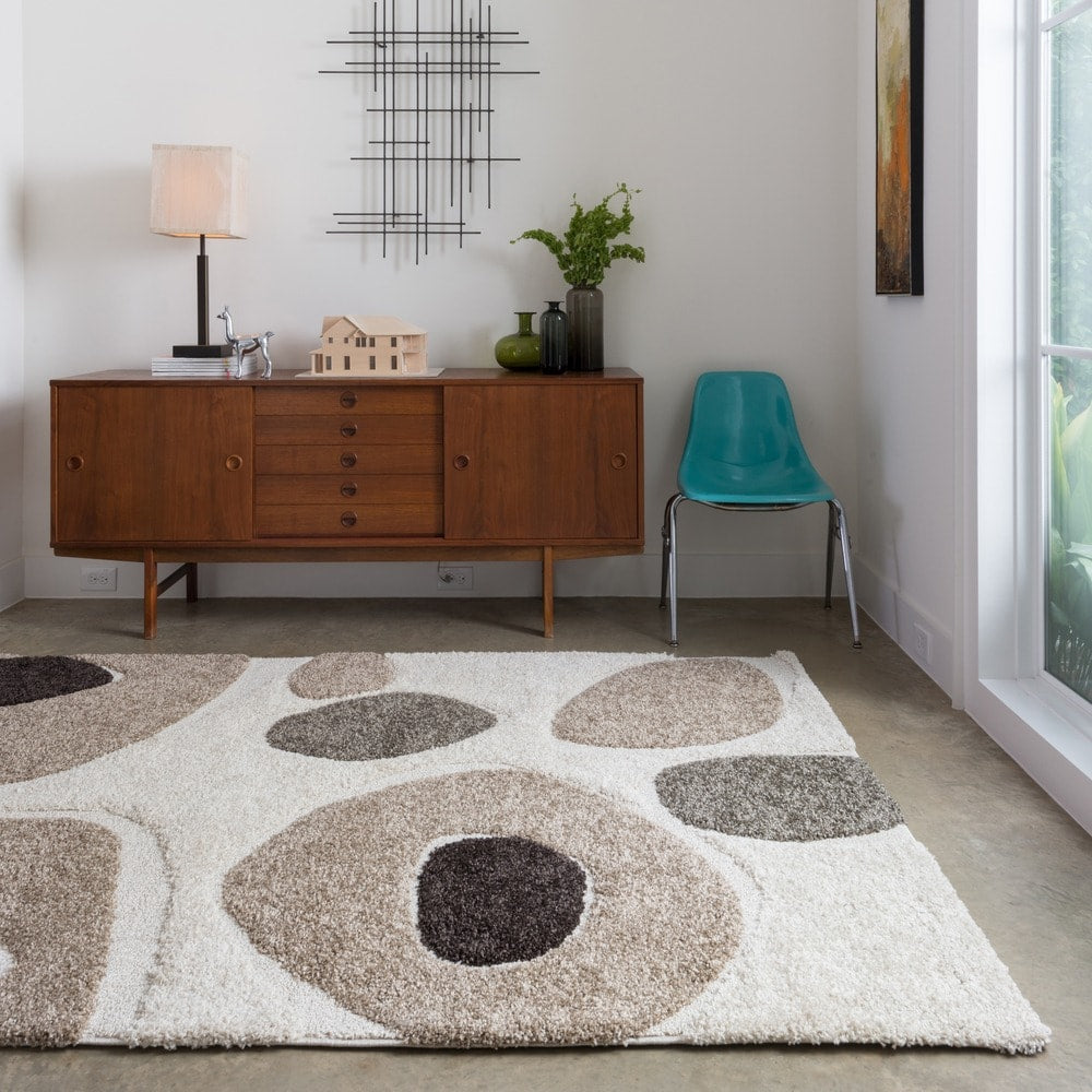 Abstract Mid Century Ivory Taupe Square Shag Area Rug 77 X 77