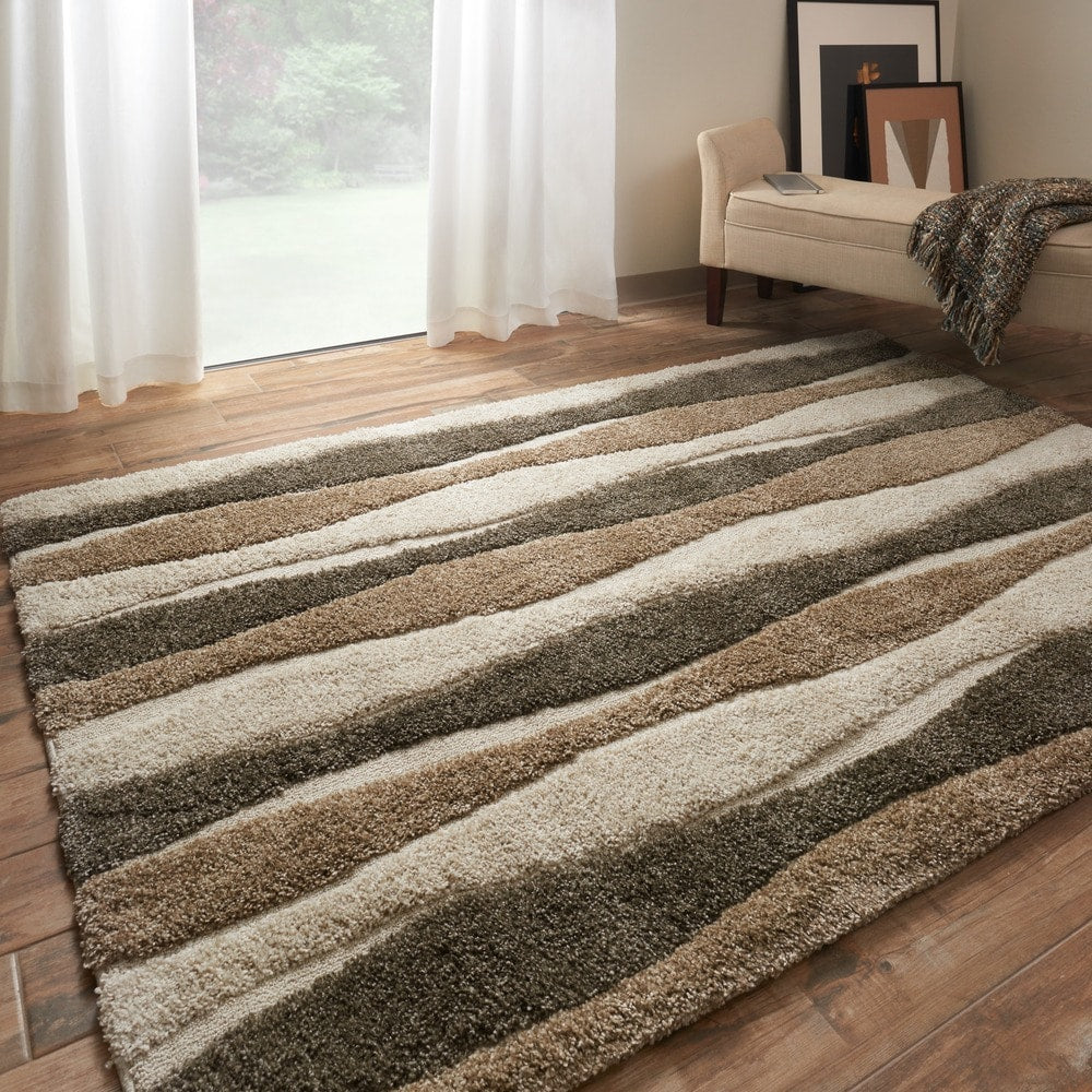 Mid Century Neutral Abstract Stripe Shag Rug 77 X 106