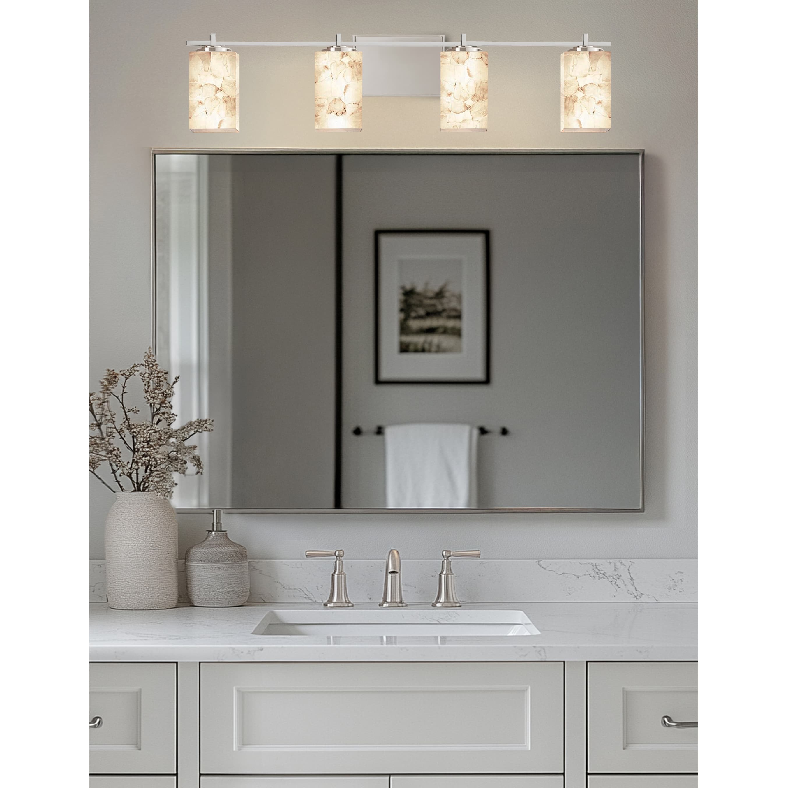 Justice Design Group Alabaster Rocks Era 4 Light Brushed Nickel Bath Bar Alabaster Rocks Square W Flat Rim Shade