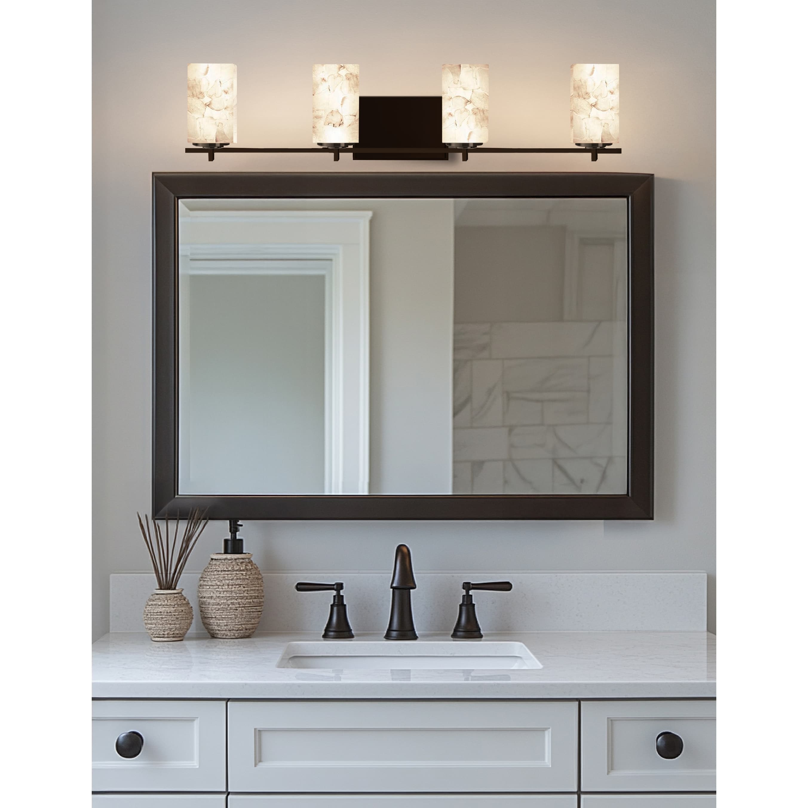 Justice Design Group Alabaster Rocks Era 4 Light Dark Bronze Bath Bar Alabaster Rocks Square W Flat Rim Shade