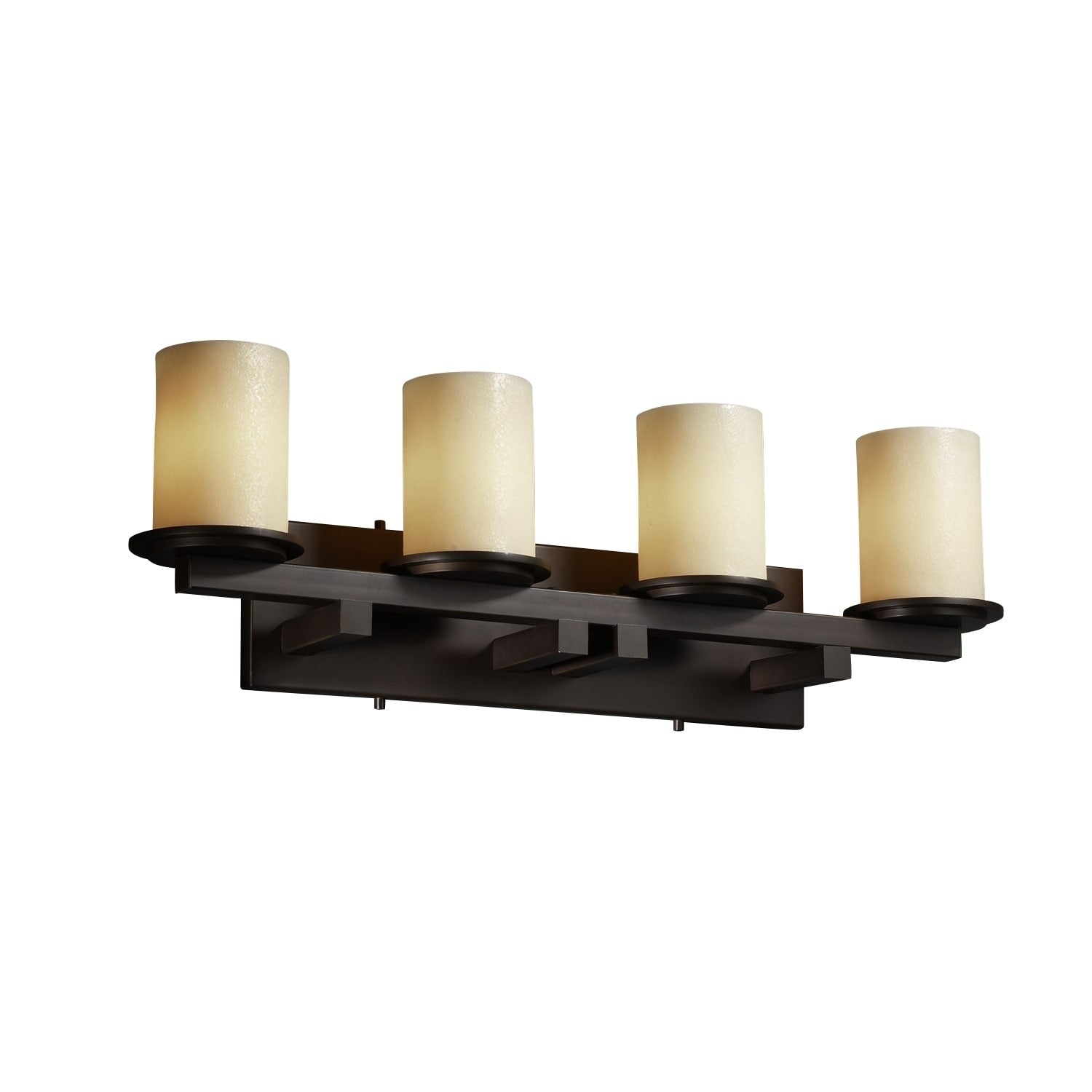 Justice Design Candlearia Dakota Dark Bronze 4 Light Bath Bar Amber Cylinder With Flat Rim Shade