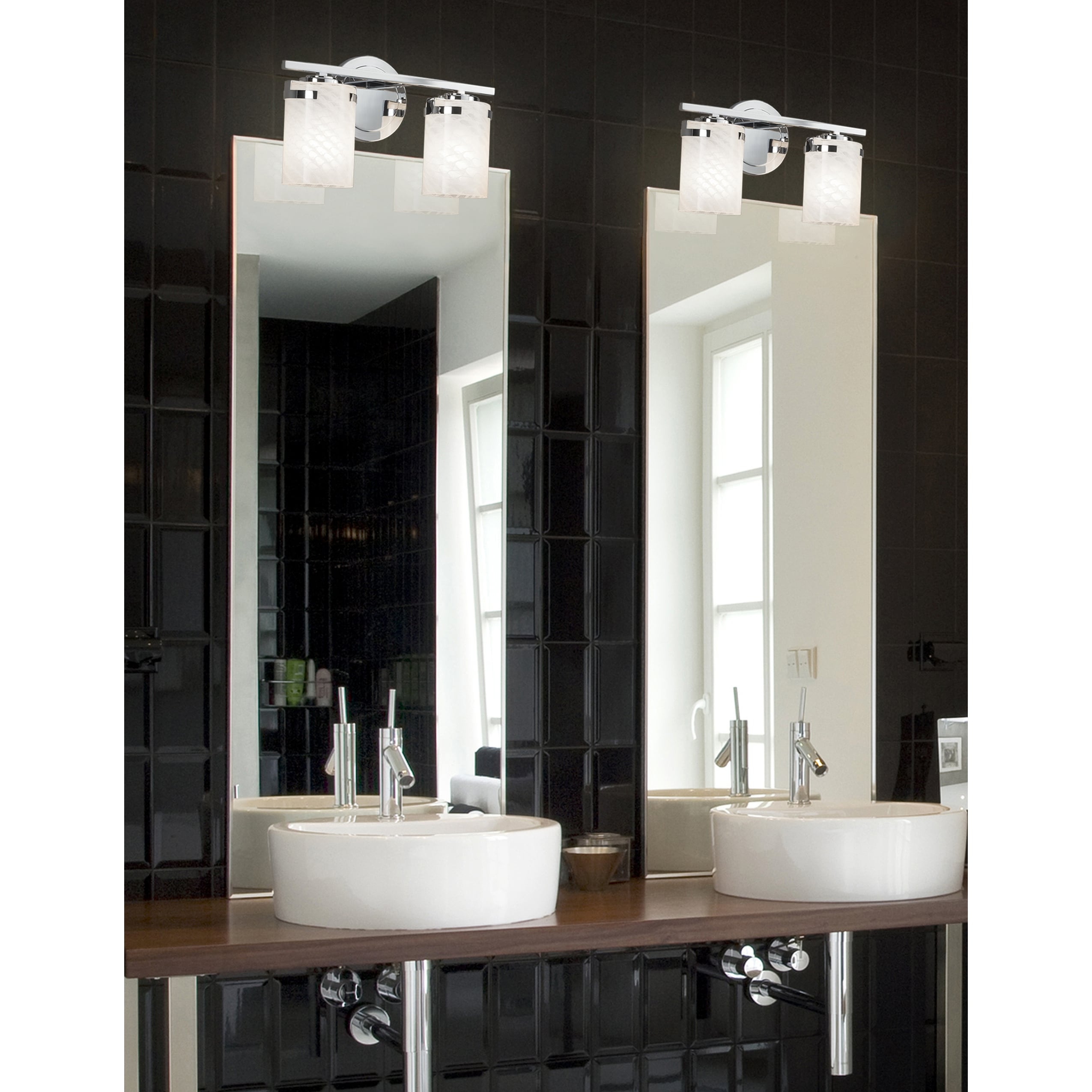 Justice Design Group Fusion Atlas 2 Light Polished Chrome Bath Bar Weave Cylinder Flat Rim Shade