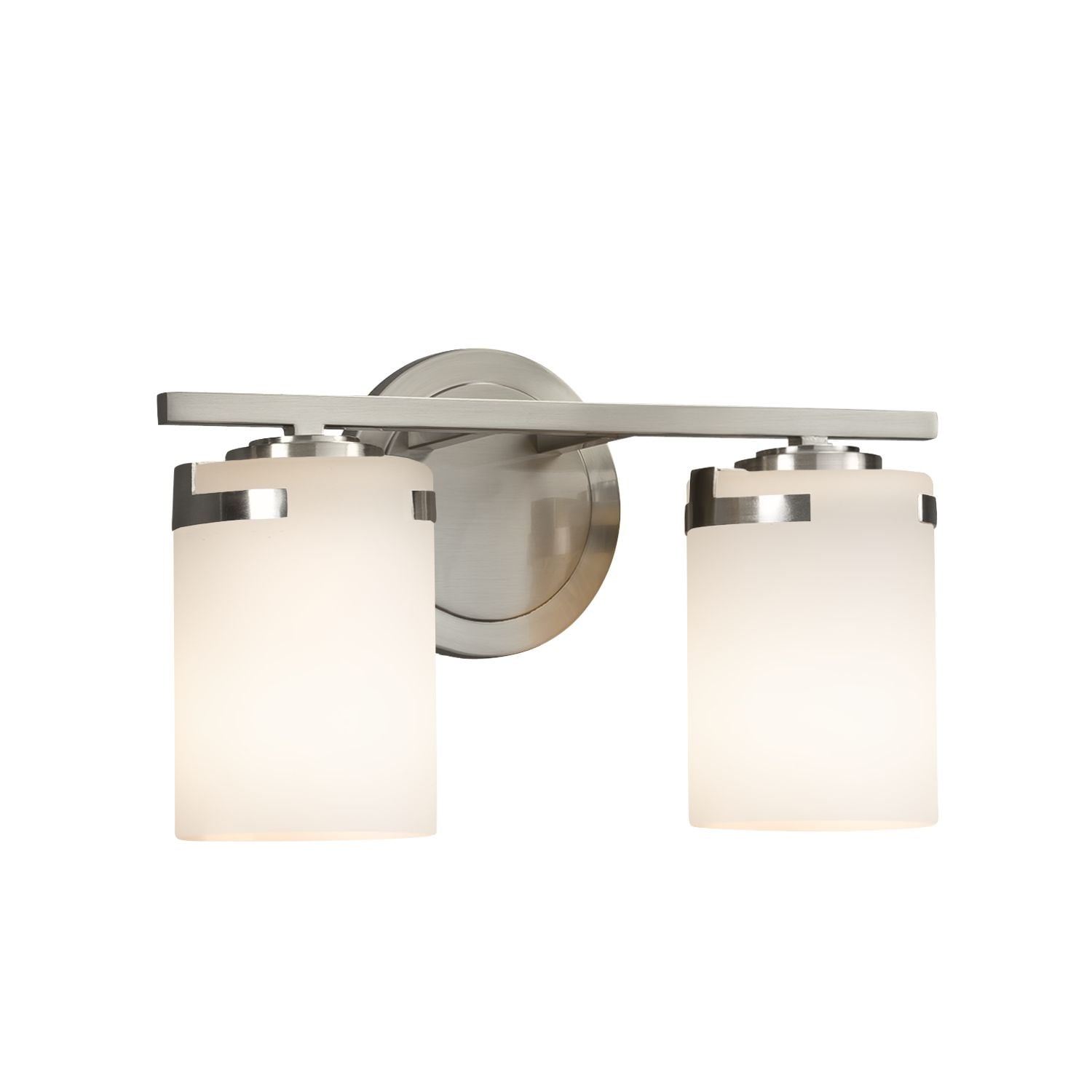 Justice Design Group Fusion Atlas 2 Light Brushed Nickel Bath Bar Opal Cylinder Flat Rim Shade