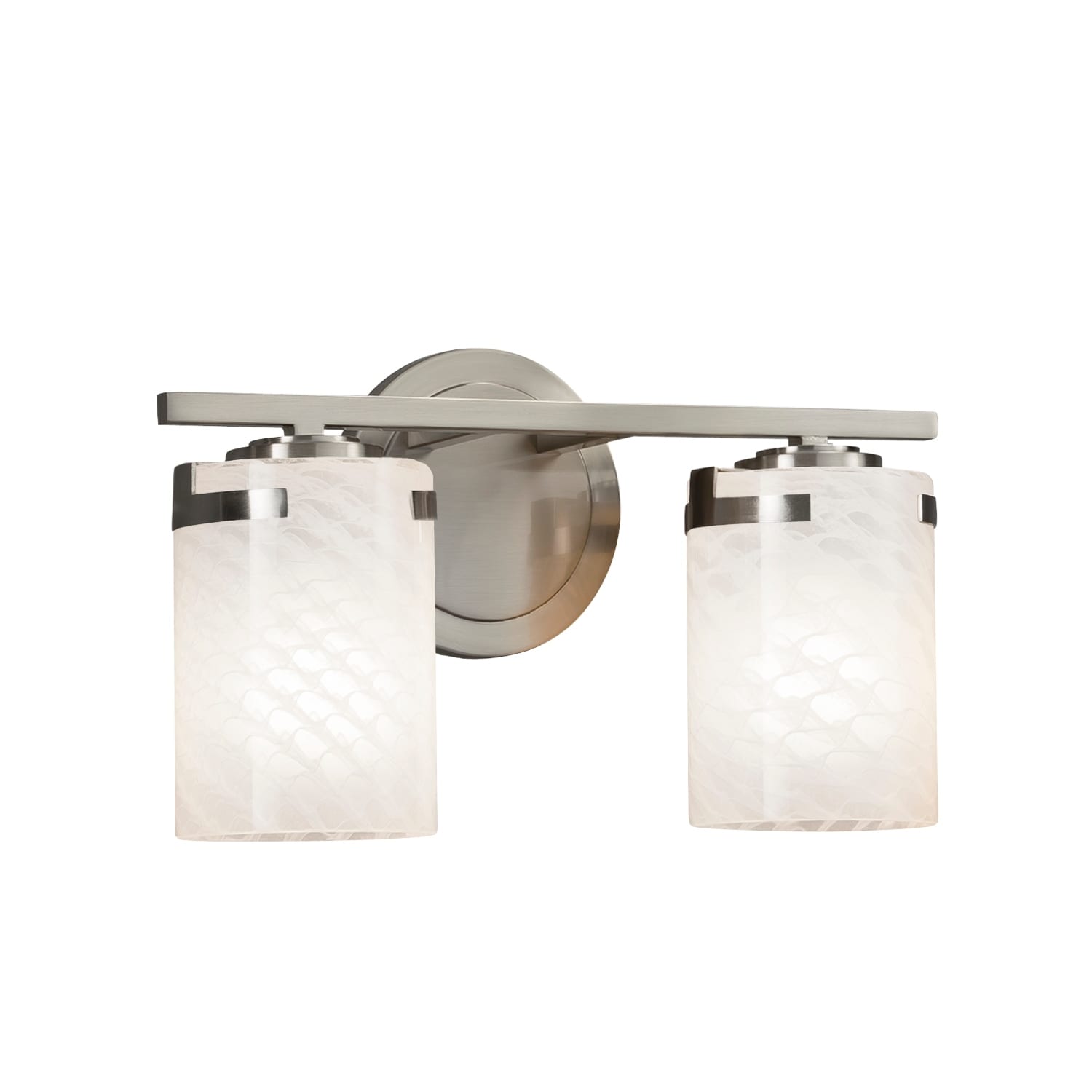 Justice Design Group Fusion Atlas 2 Light Brushed Nickel Bath Bar Weave Cylinder Flat Rim Shade