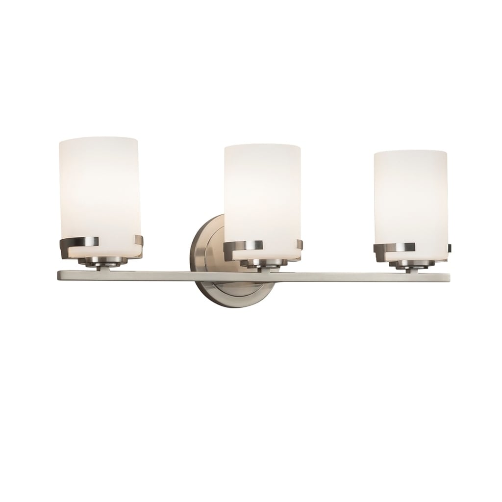 Justice Design Group Fusion Atlas 3 Light Brushed Nickel Bath Bar Opal Cylinder Flat Rim Shade