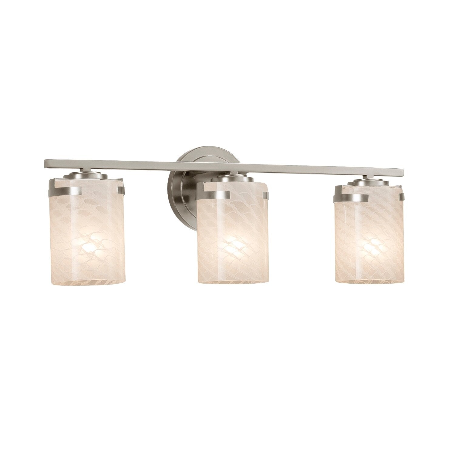 Justice Design Group Fusion Atlas 3 Light Brushed Nickel Bath Bar Weave Cylinder Flat Rim Shade