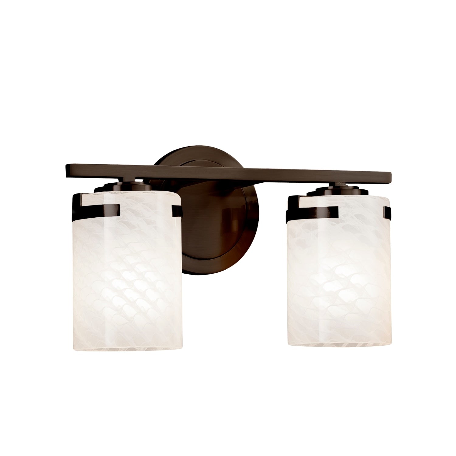 Justice Design Group Fusion Atlas 2 Light Dark Bronze Bath Bar Weave Cylinder Flat Rim Shade