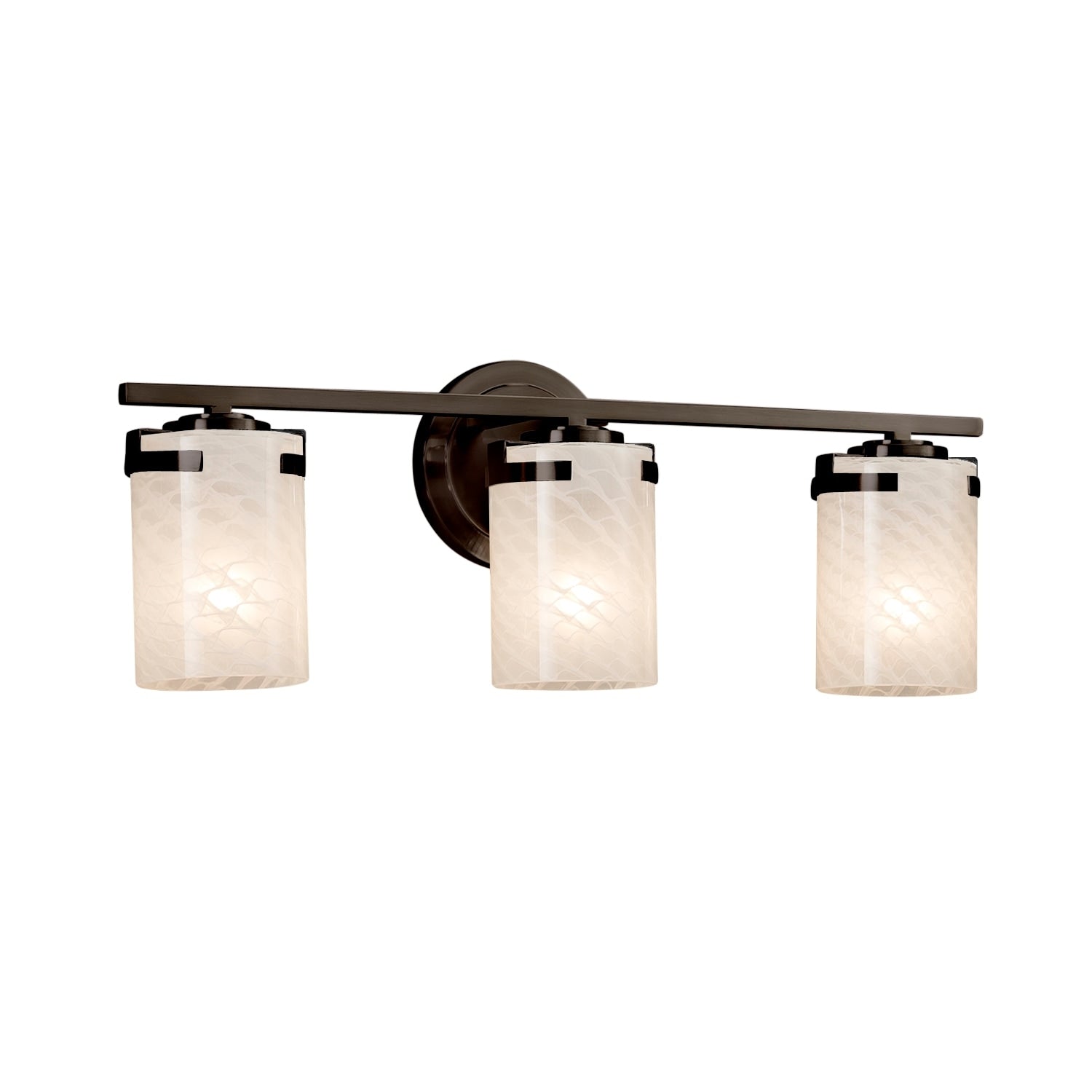 Justice Design Group Fusion Atlas 3 Light Dark Bronze Bath Bar Weave Cylinder Flat Rim Shade