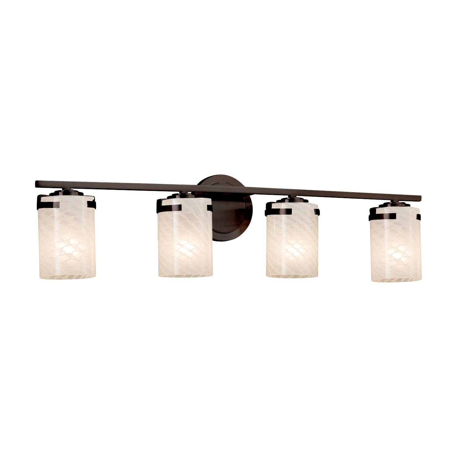 Justice Design Group Fusion Atlas 4 Light Dark Bronze Bath Bar Weave Cylinder Flat Rim Shade