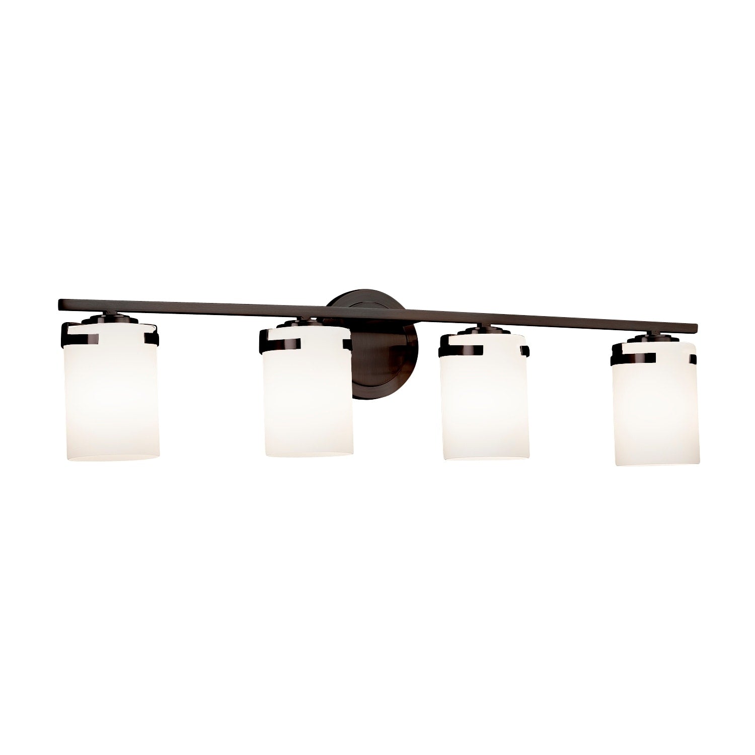 Justice Design Group Fusion Atlas 4 Light Dark Bronze Bath Bar Opal Cylinder Flat Rim Shade