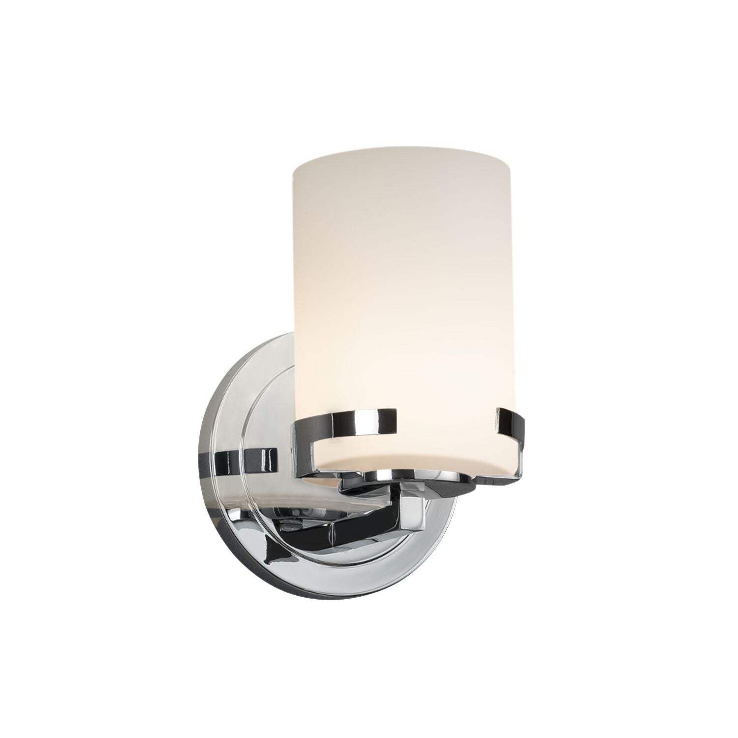 Justice Design Group Fusion Atlas 1 Light Polished Chrome Wall Sconce Opal Cylinder Flat Rim Shade