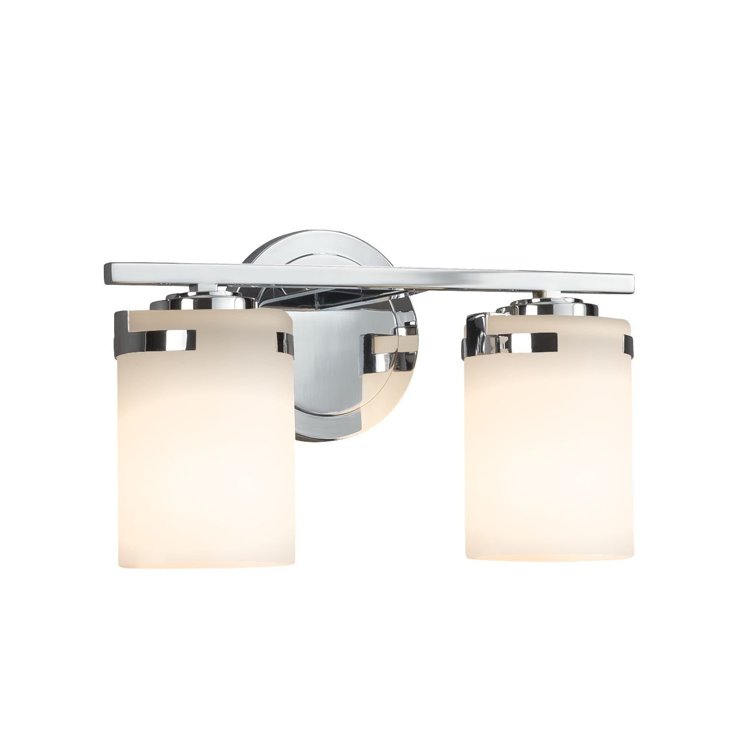 Justice Design Group Fusion Atlas 2 Light Polished Chrome Bath Bar Opal Cylinder Flat Rim Shade