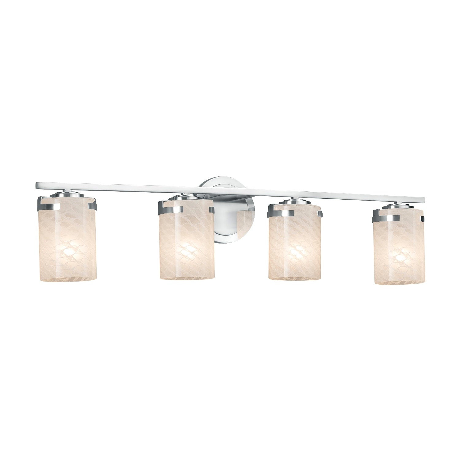Justice Design Group Fusion Atlas 4 Light Polished Chrome Bath Bar Weave Cylinder Flat Rim Shade