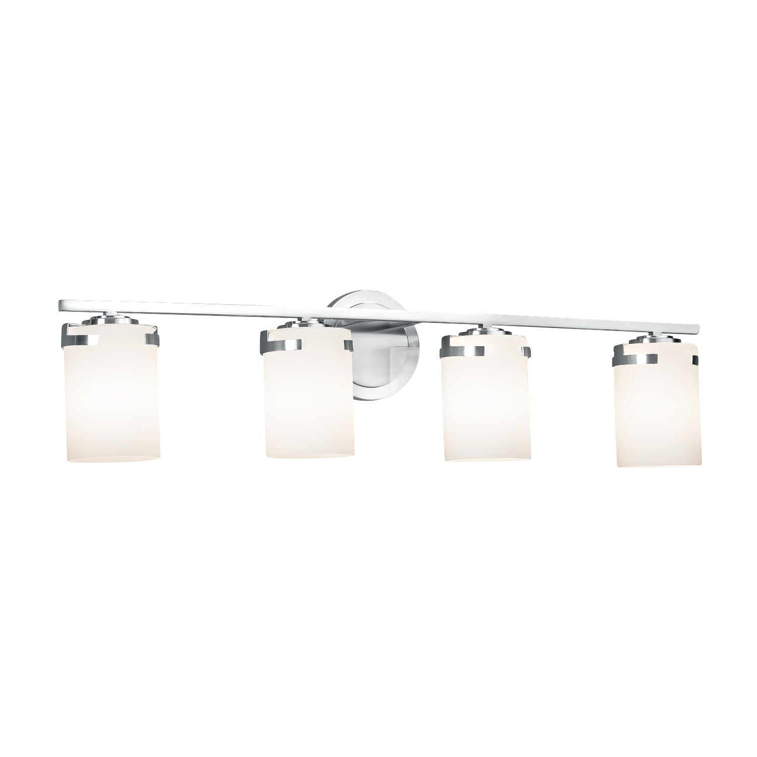 Justice Design Group Fusion Atlas 4 Light Polished Chrome Bath Bar Opal Cylinder Flat Rim Shade