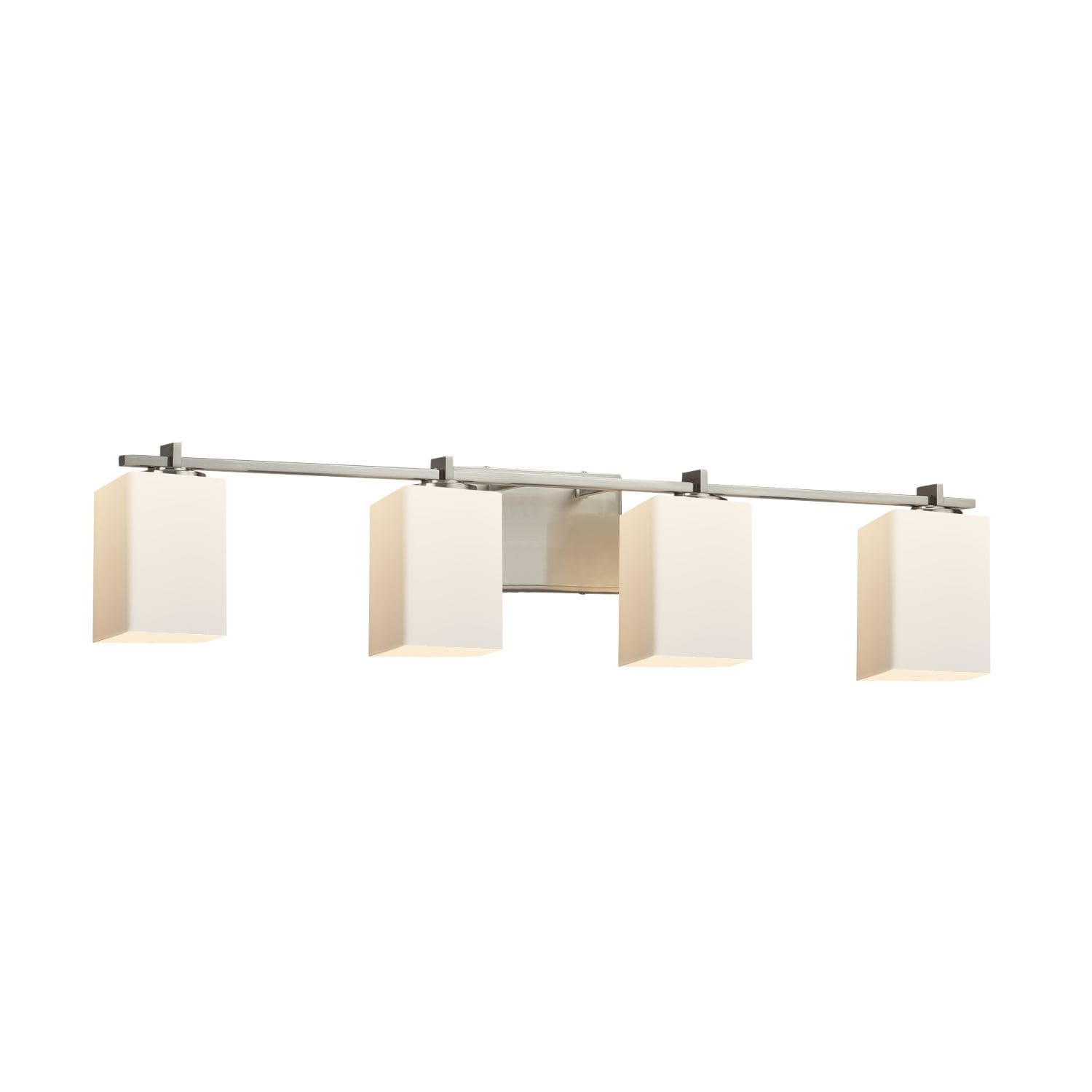 Justice Design Group Fusion Era 4 Light Brushed Nickel Bath Bar Opal Square Flat Rim Shade