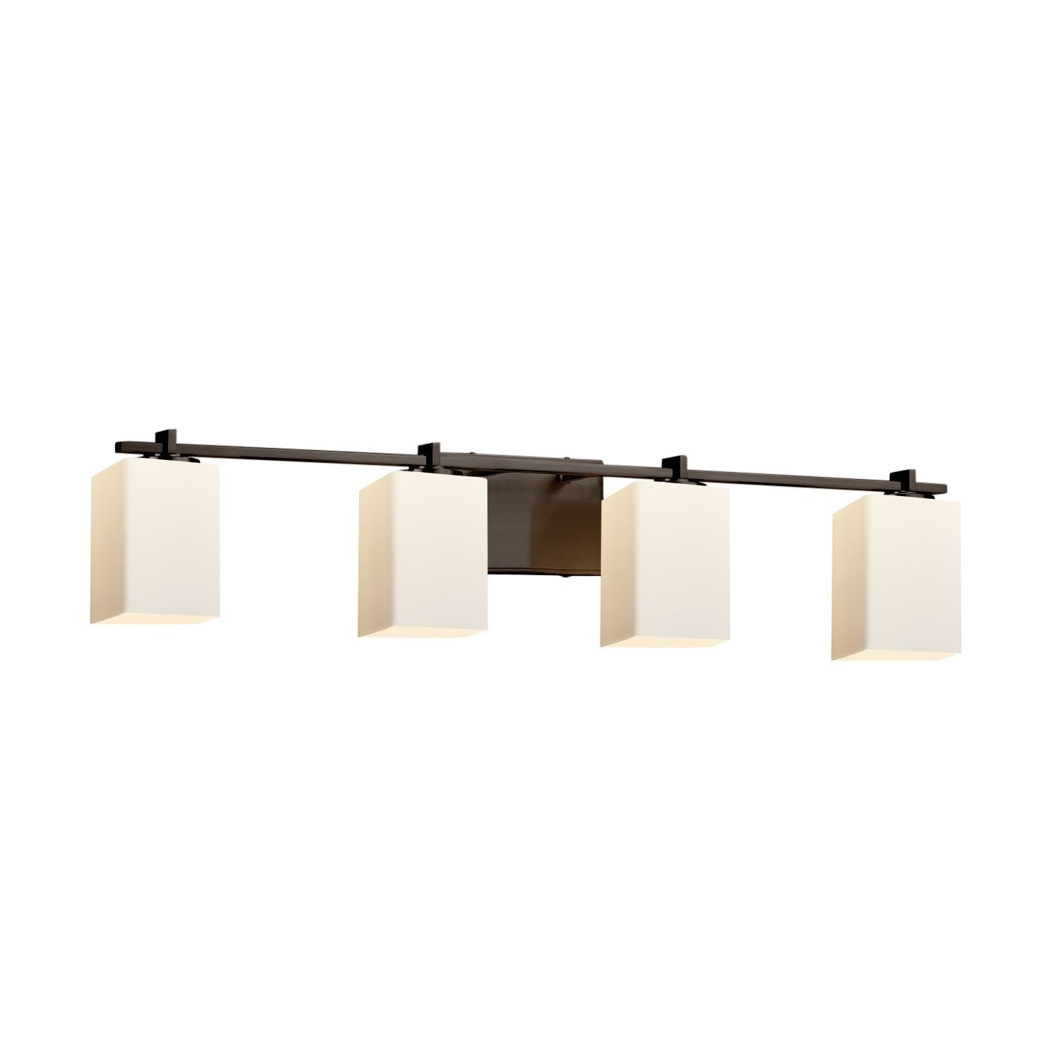 Justice Design Group Fusion Era 4 Light Dark Bronze Bath Bar Opal Square Flat Rim Shade