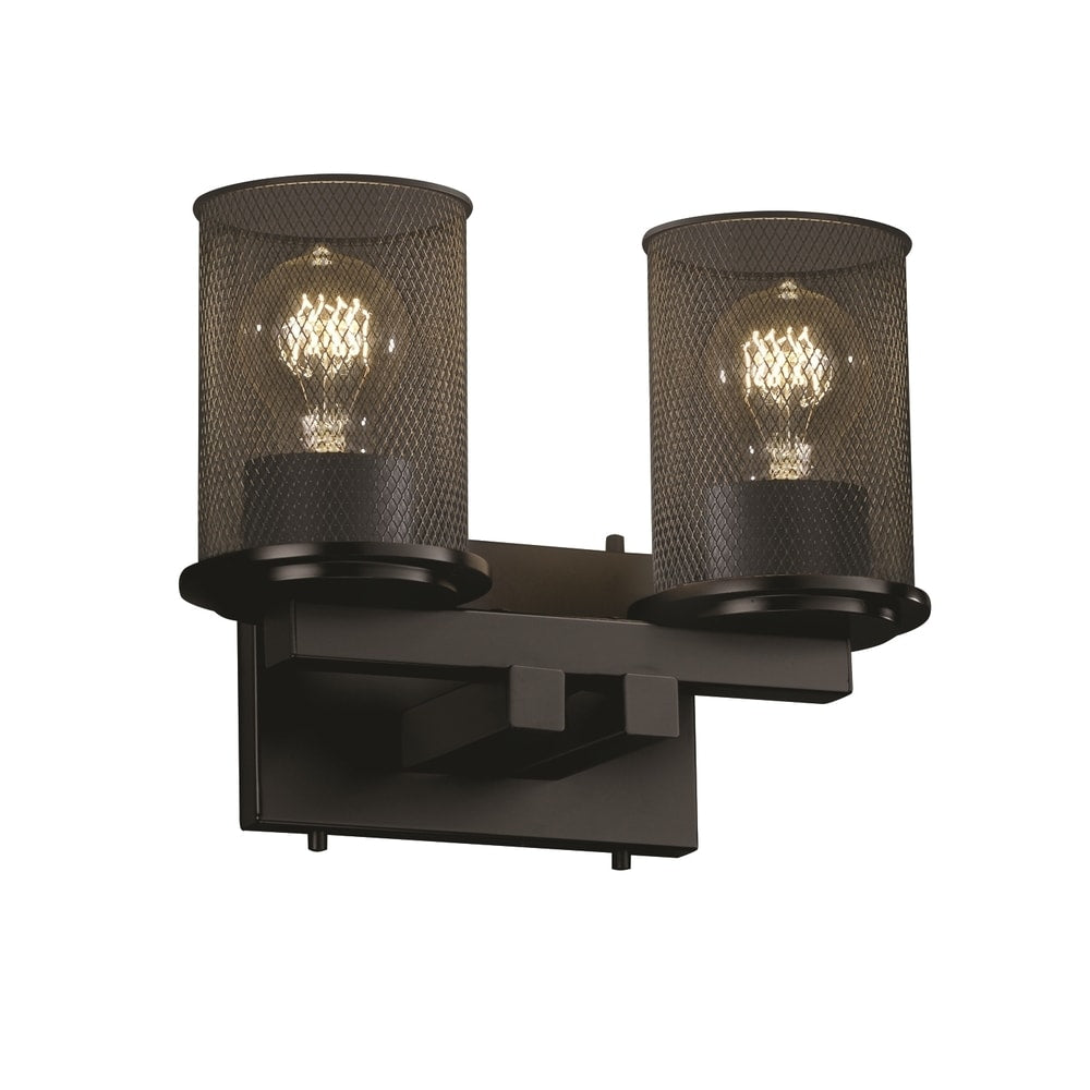 Justice Design Group Wire Mesh Dakota 2 Light Matte Black Bath Bar Cylinder Flat Rim Shade