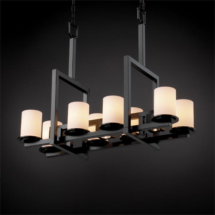 Justice Design Group Fusion Dakota 8 Up And 3 Downlight Matte Black Chandelier Opal Cylinder Flat Rim Shade