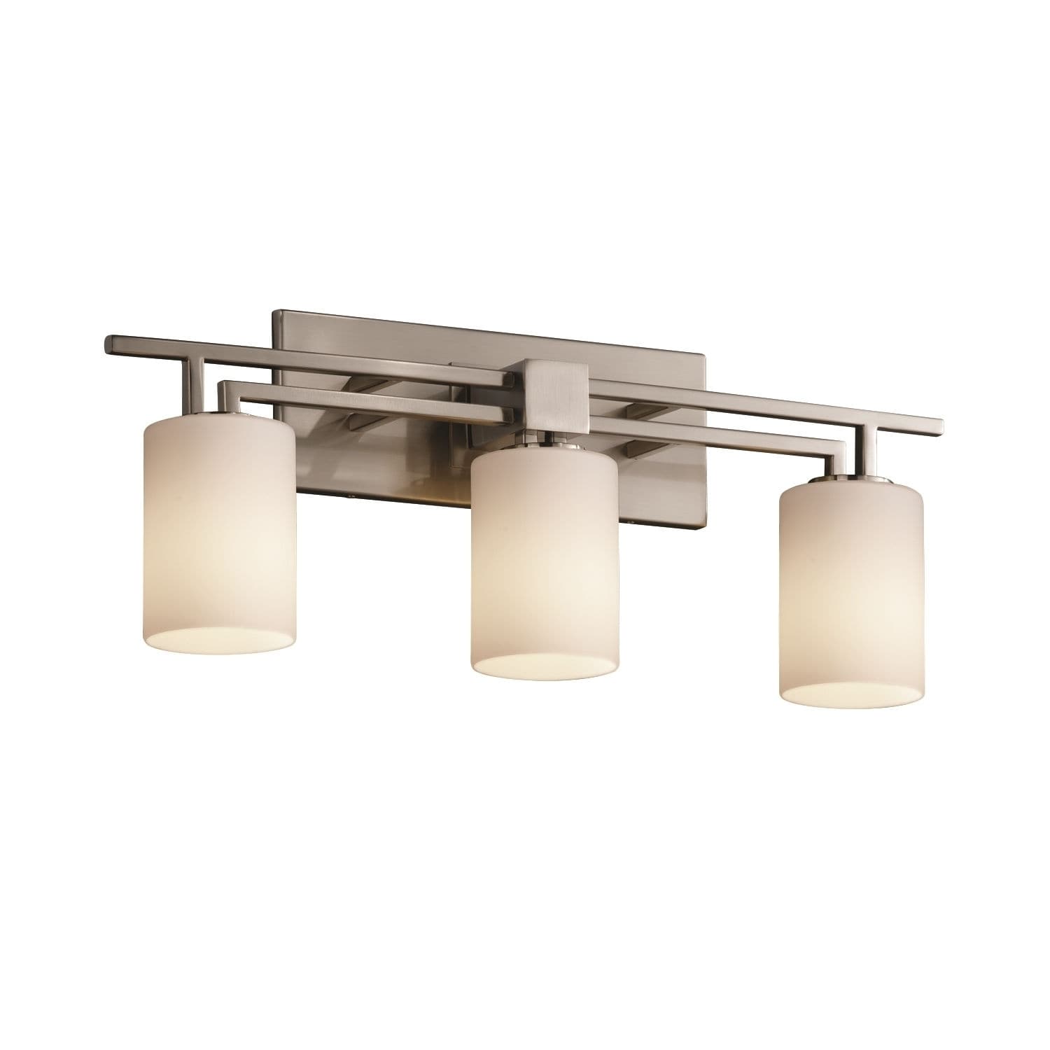 Justice Design Group Fusion Aero 3 Light Brushed Nickel Bath Bar Opal Cylinder Flat Rim Shade