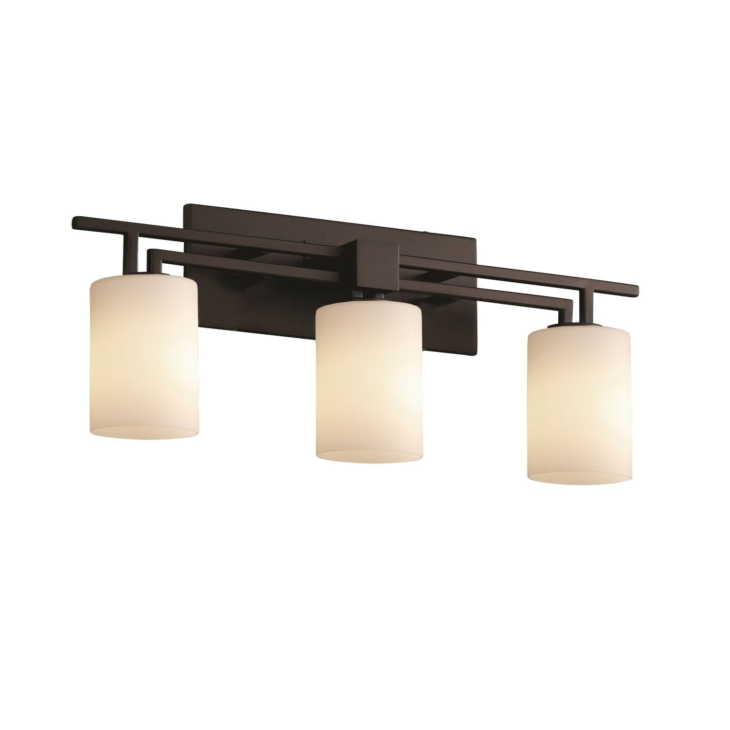 Justice Design Group Fusion Aero 3 Light Matte Black Bath Bar Opal Cylinder Flat Rim Shade