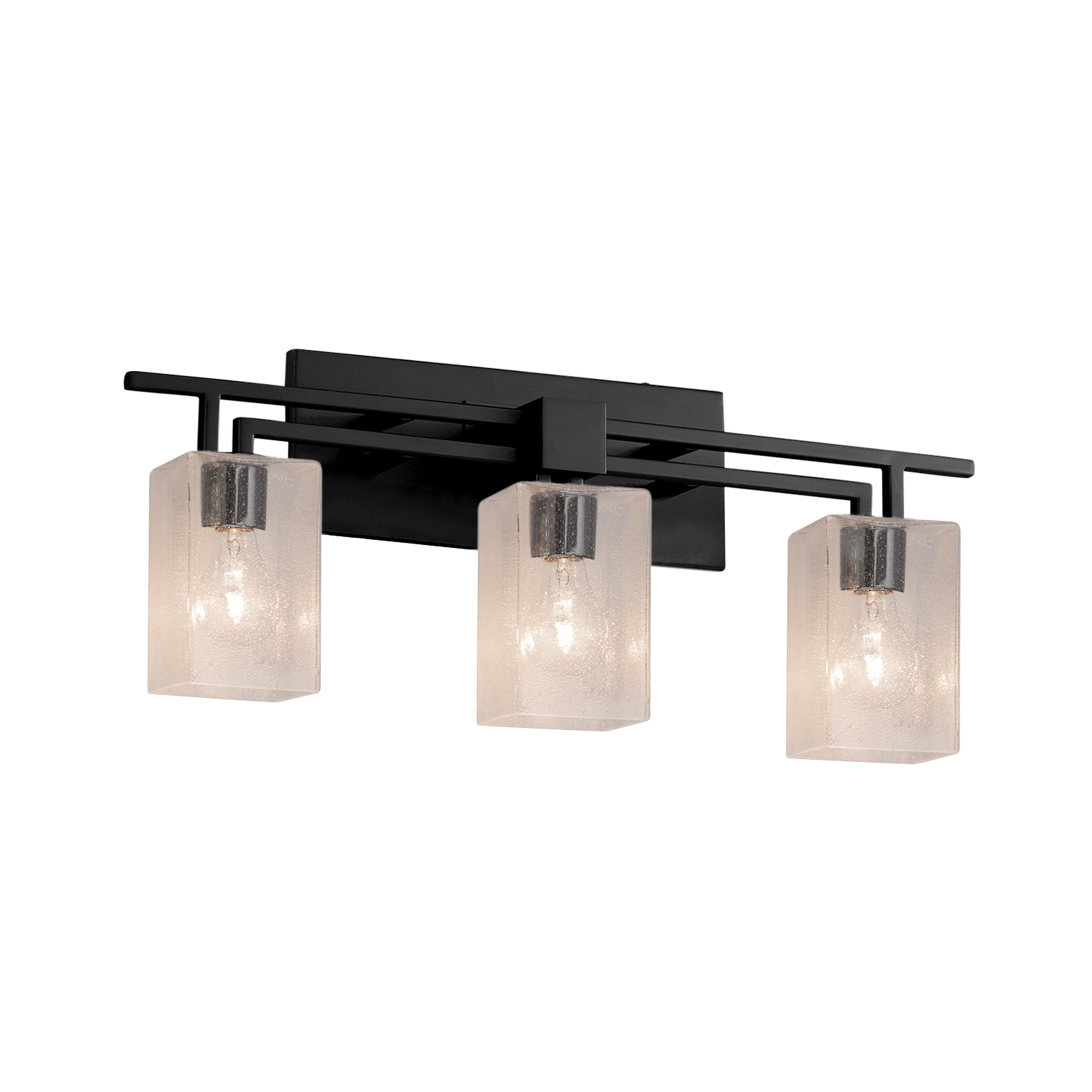 Justice Design Group Fusion Aero 3 Light Matte Black Bath Bar Seeded Square W Flat Rim Shade