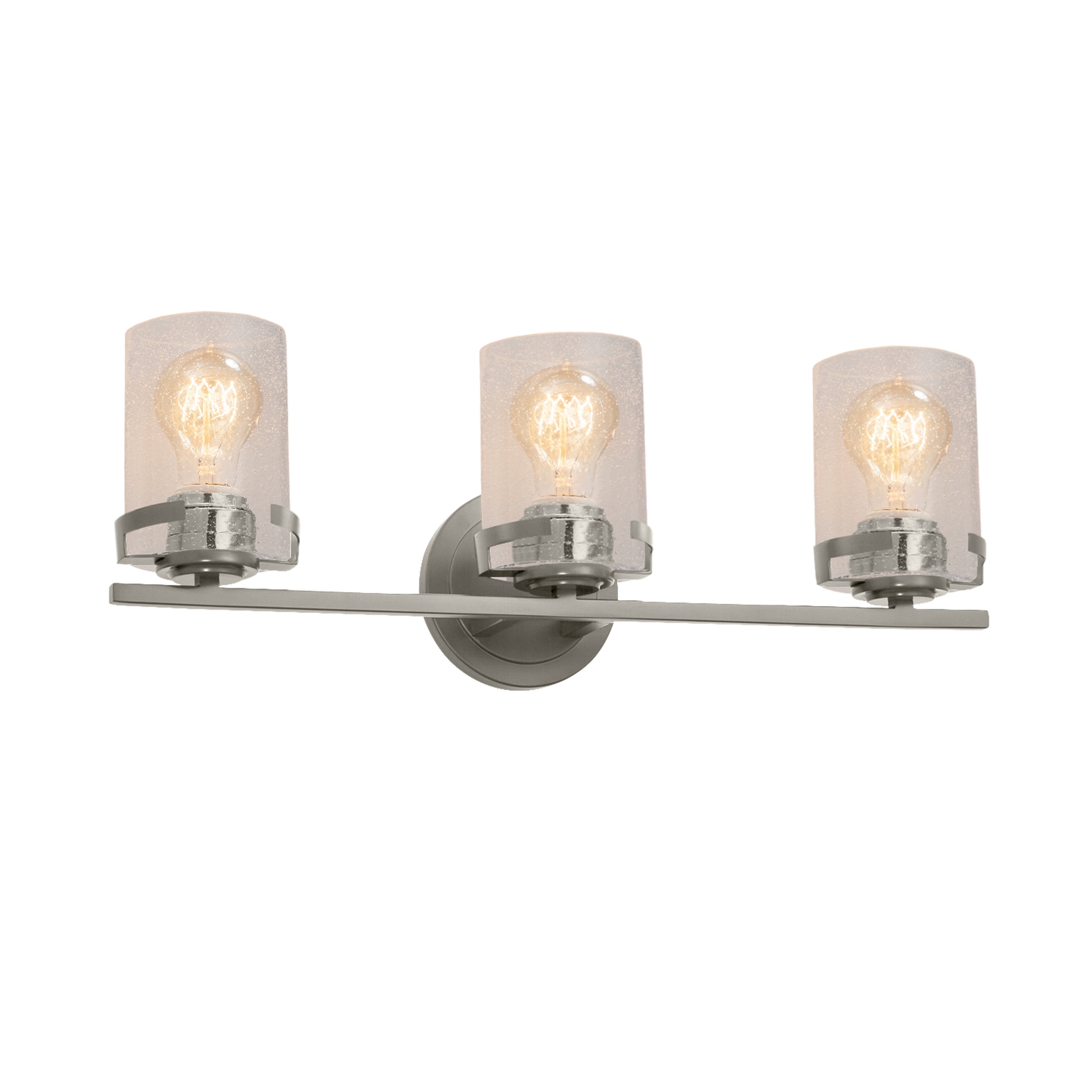 Justice Design Group Fusion Atlas 3 Light Brushed Nickel Bath Bar Seeded Cylinder W Flat Rim Shade