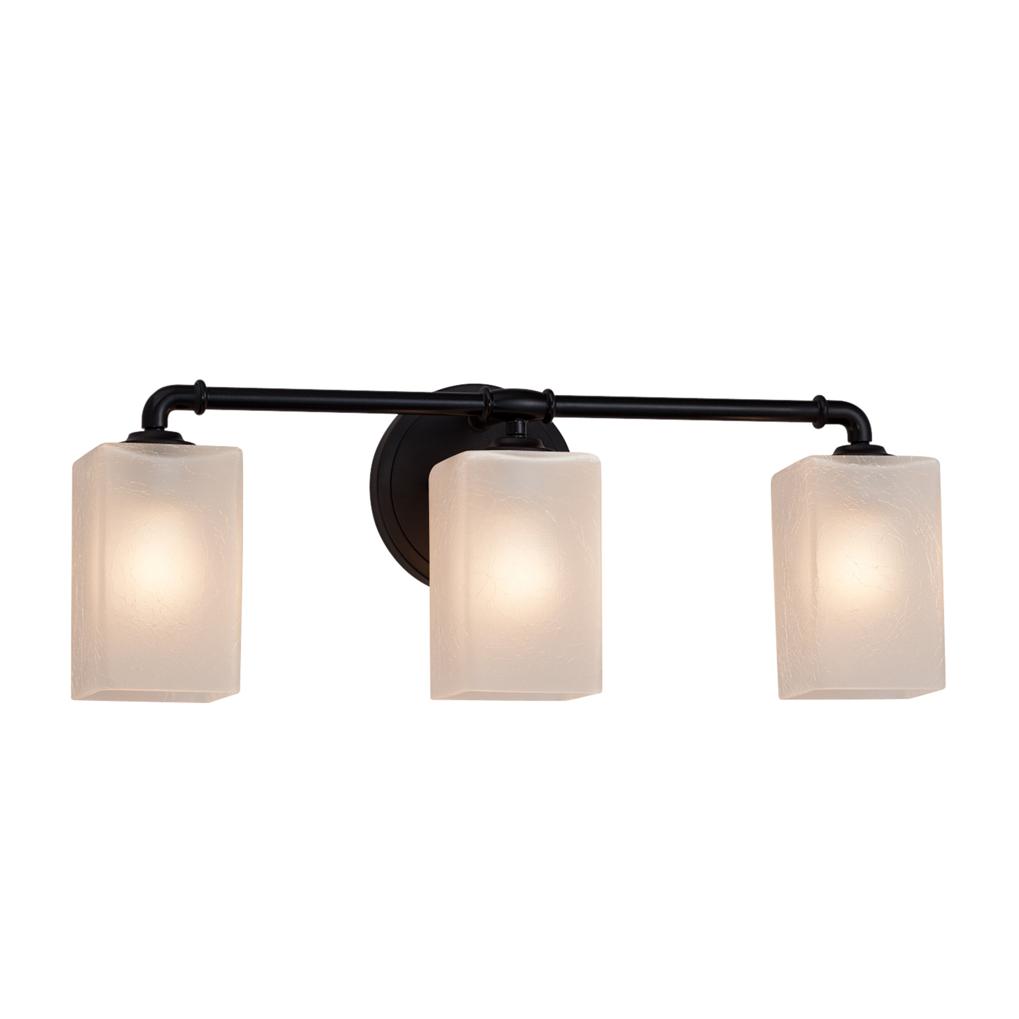 Justice Design Group Fusion Bronx 3 Light Matte Black Bath Bar Frosted Crackle Square W Flat Rim Shade
