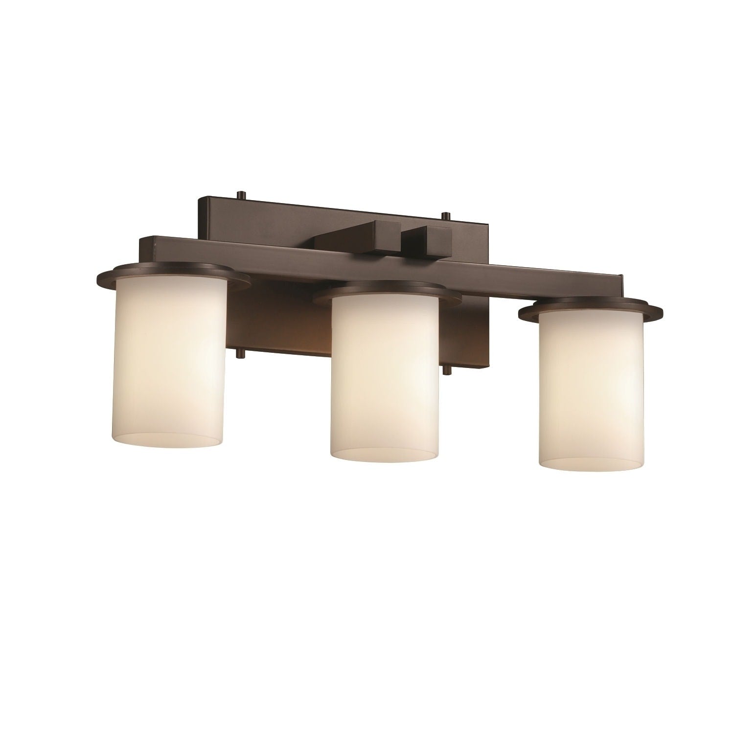 Justice Design Group Fusion Dakota 3 Light Dark Bronze Bath Bar Opal Cylinder Flat Rim Shade