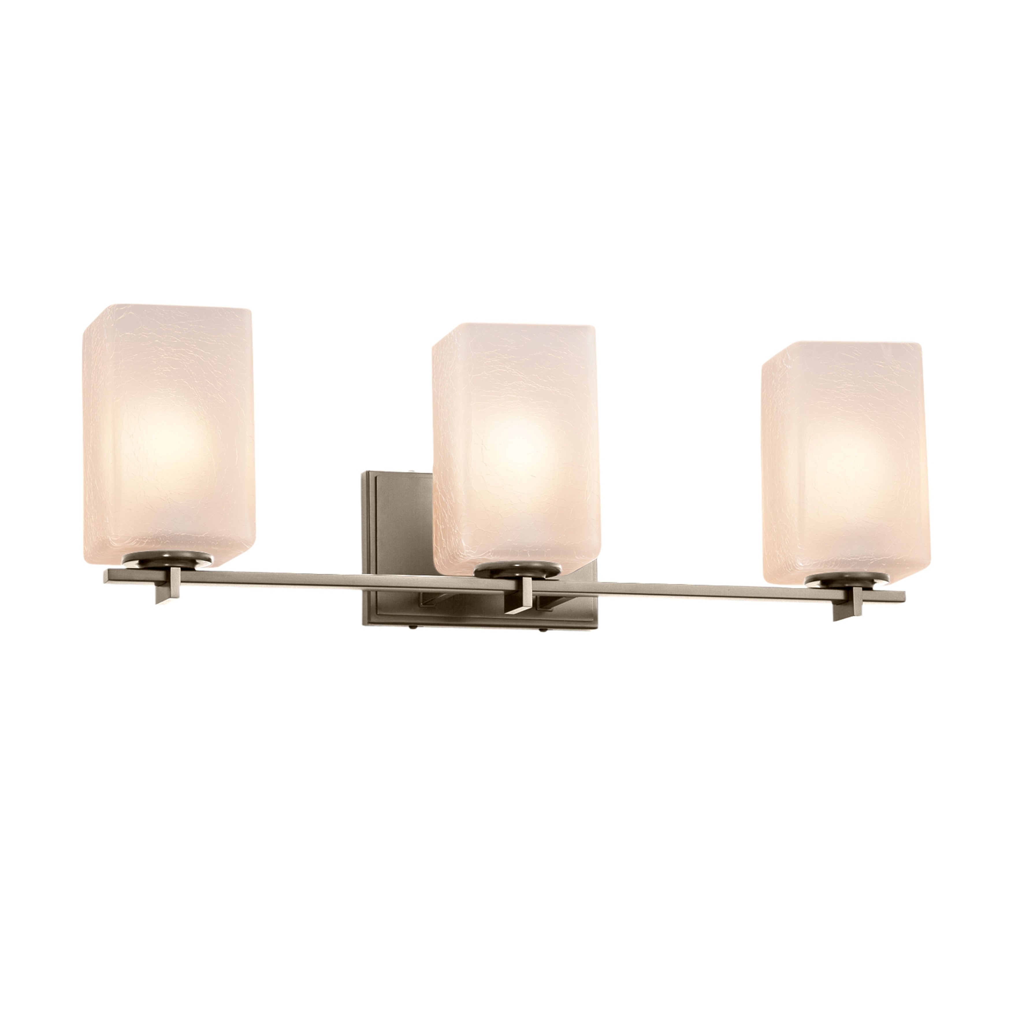 Justice Design Group Fusion Era 3 Light Brushed Nickel Bath Bar Frosted Crackle Square W Flat Rim Shade
