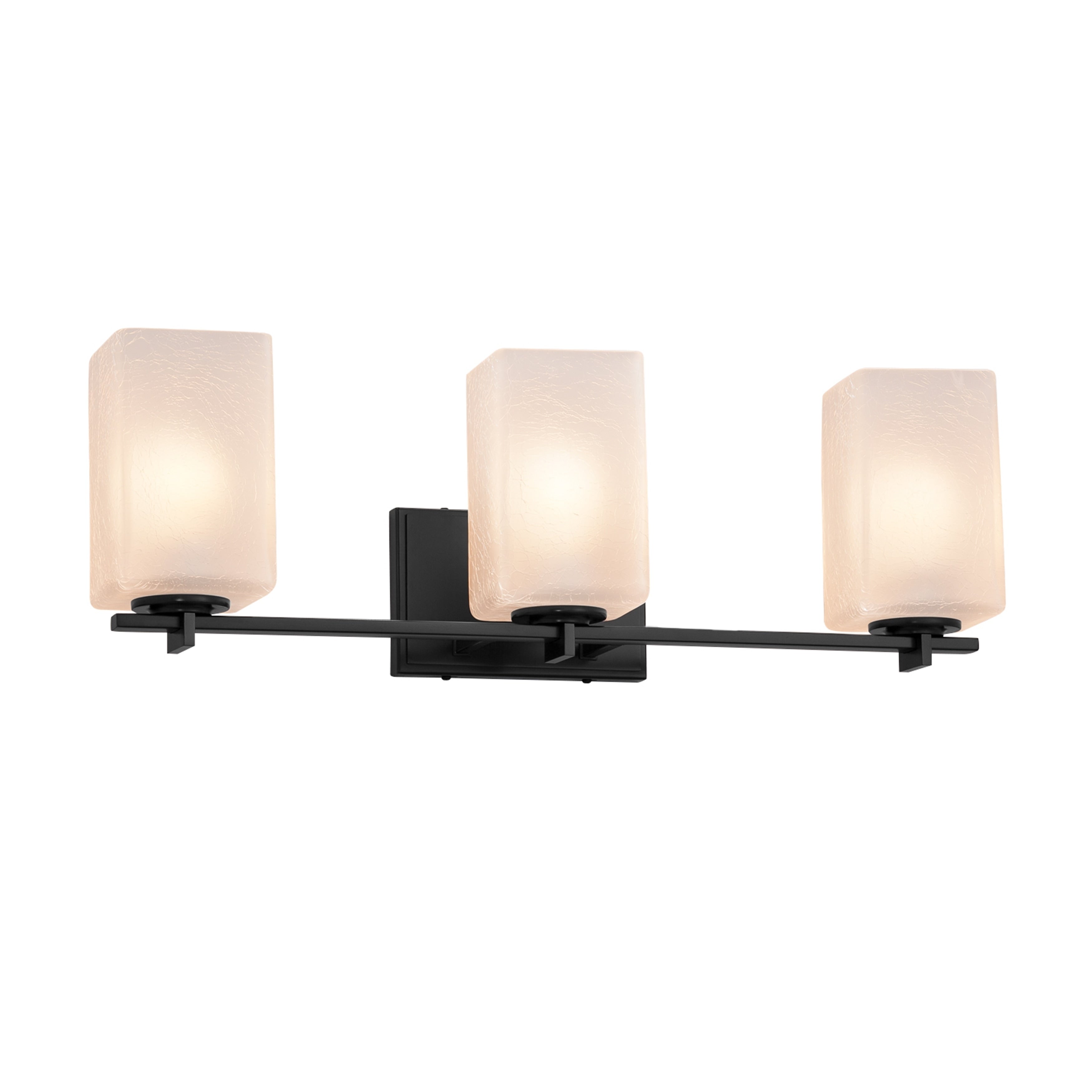 Justice Design Group Fusion Era 3 Light Matte Black Bath Bar Frosted Crackle Square W Flat Rim Shade