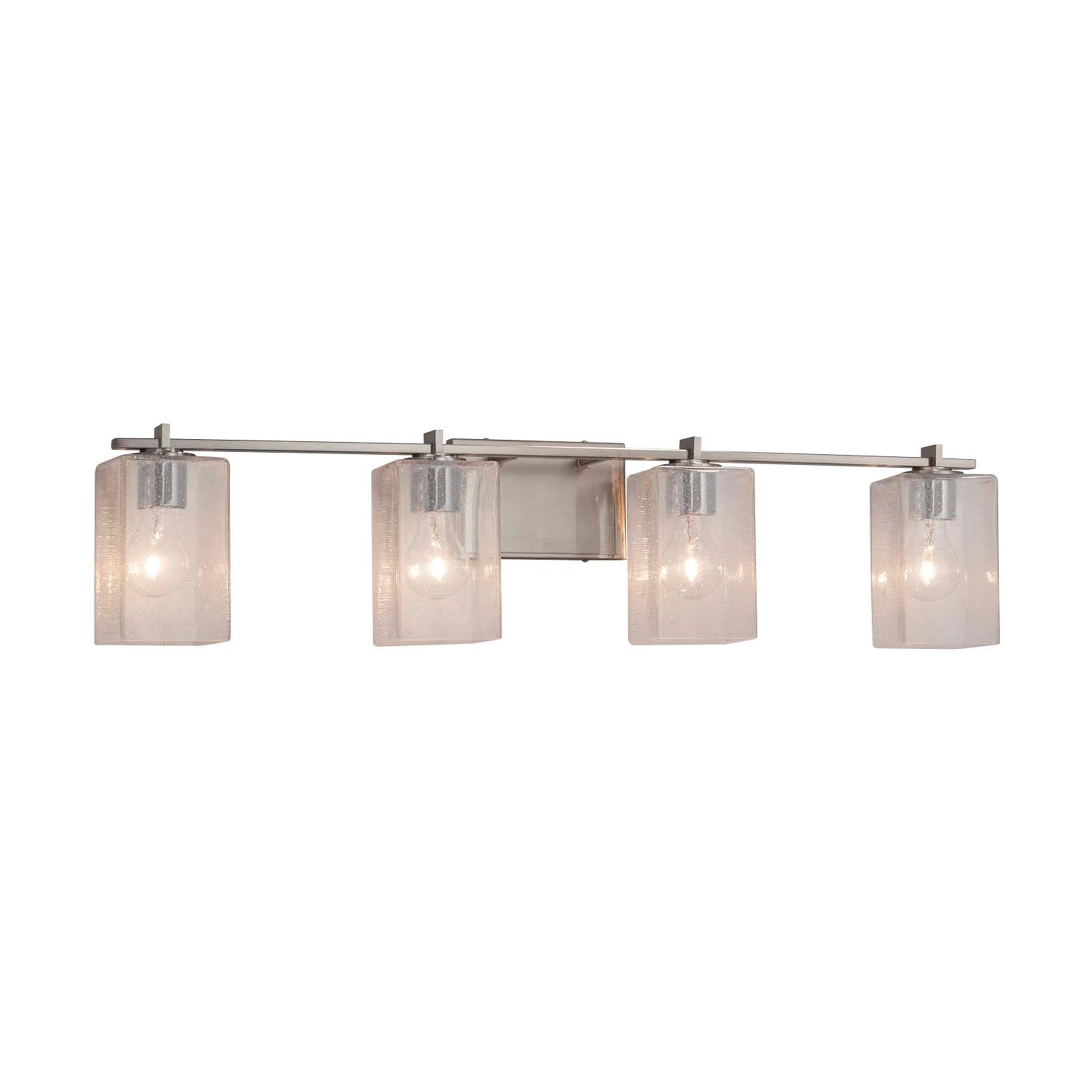 Justice Design Group Fusion Era 4 Light Brushed Nickel Bath Bar Seeded Square W Flat Rim Shade