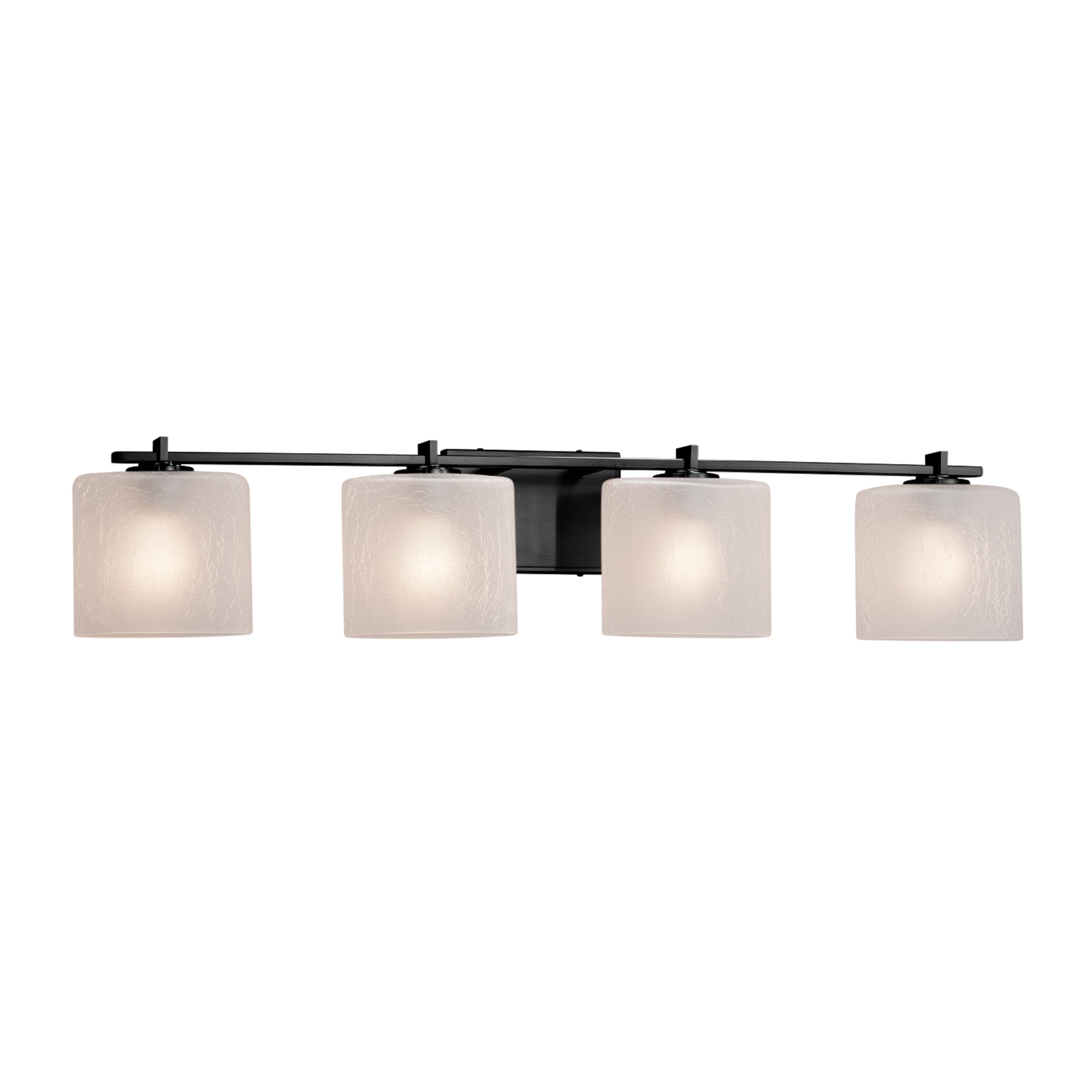 Justice Design Group Fusion Era 4 Light Matte Black Bath Bar Frosted Crackle Oval Shade